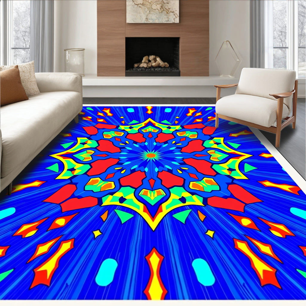 Vibrant Blue Central Geometric Burst Rug