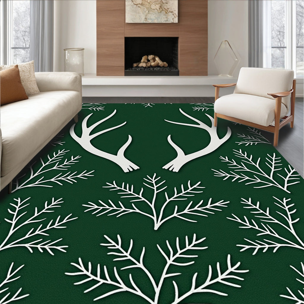White Antlers on Deep Forest Green Background Rug