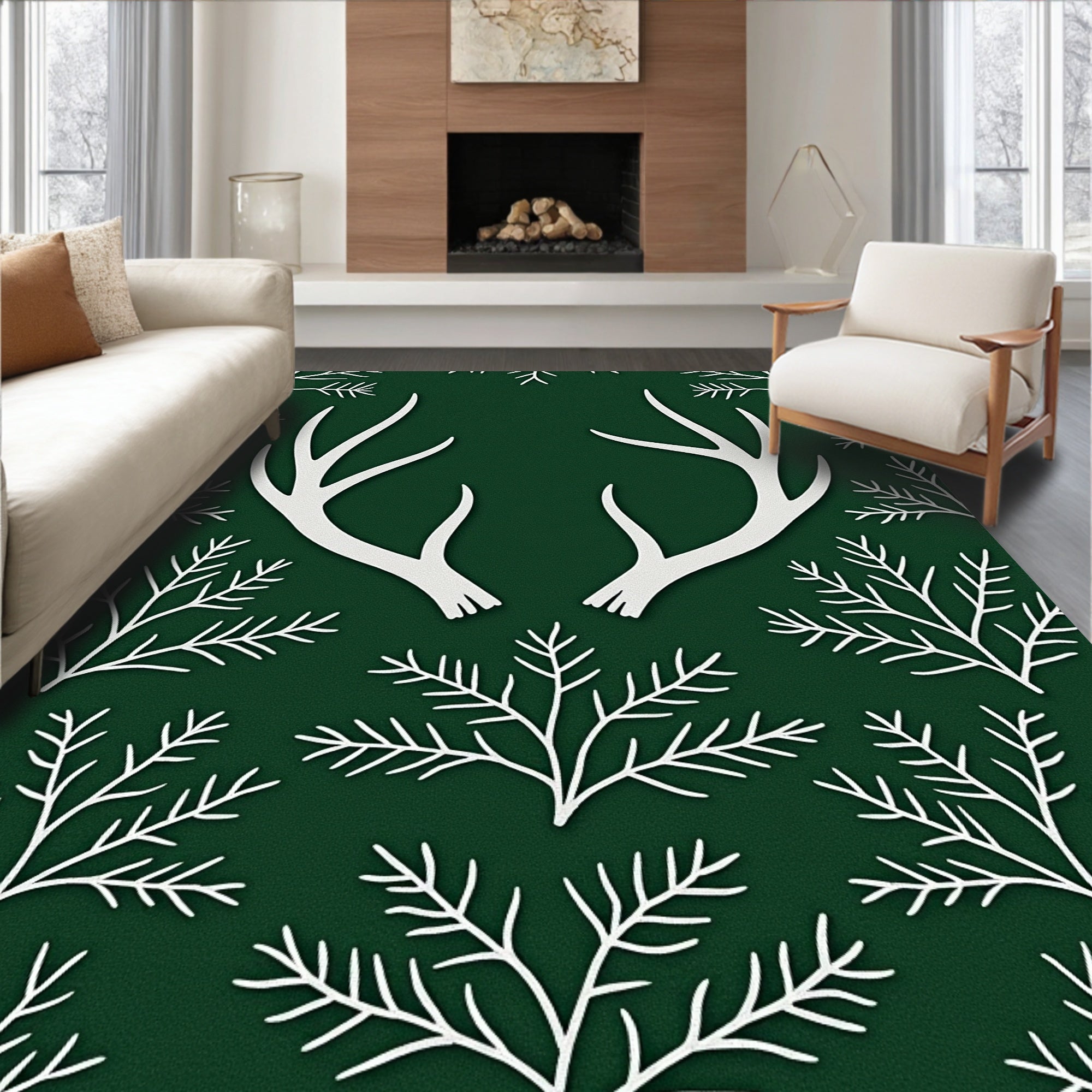 White Antlers on Deep Forest Green Background Rug