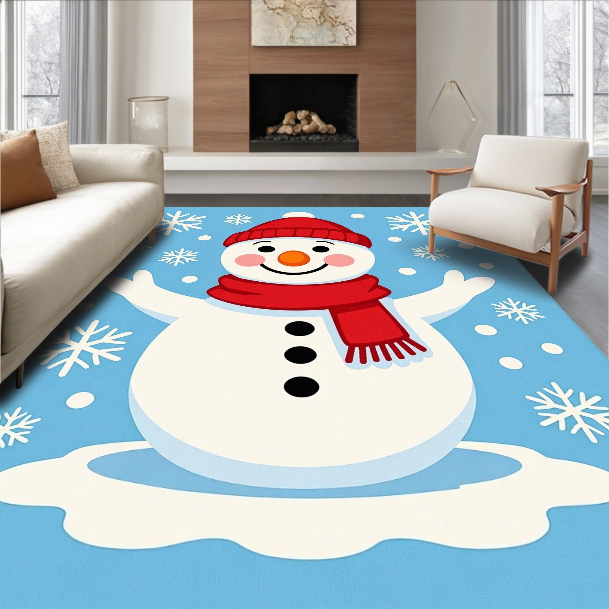 Festive Snowman Red Scarf Snowflakes Rug