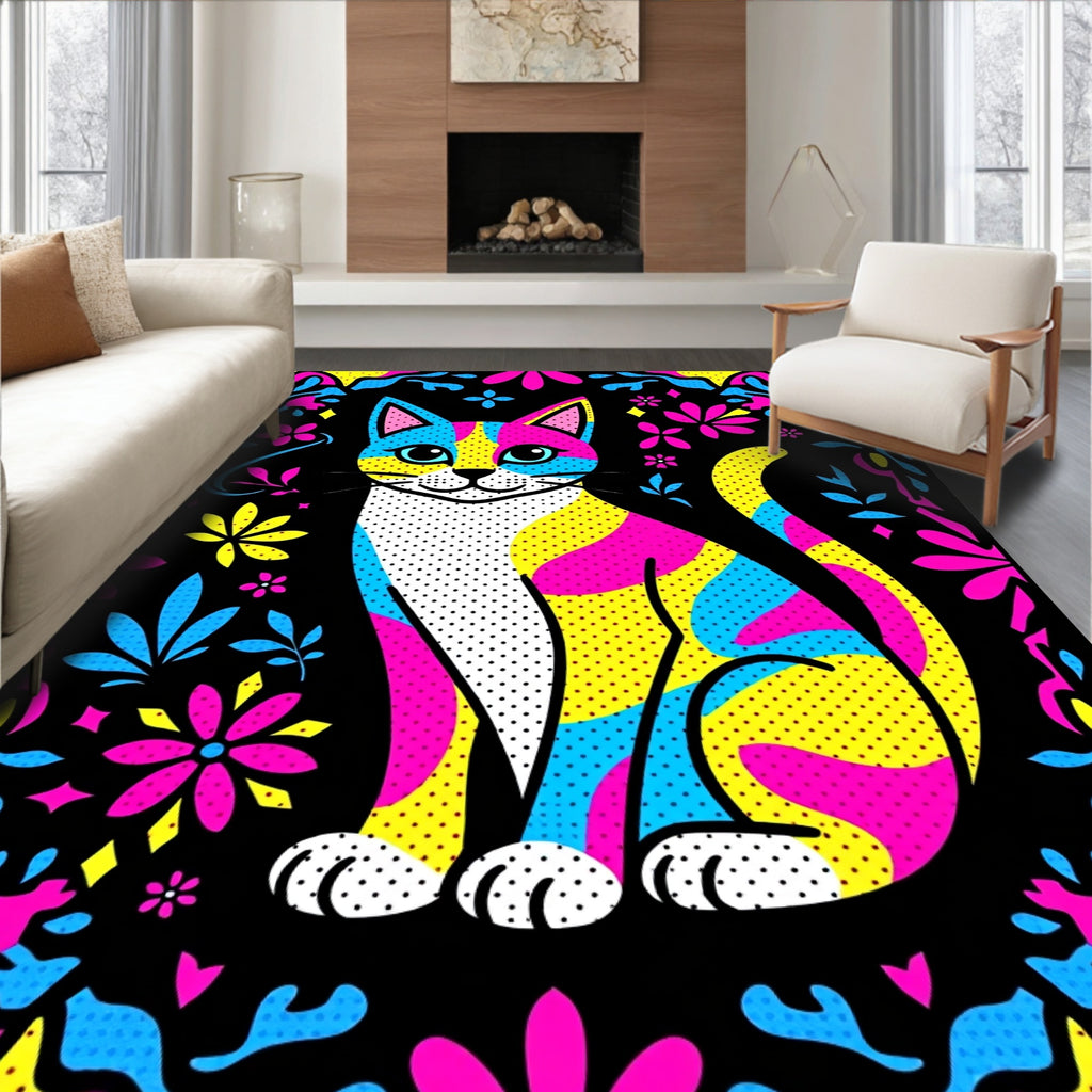 Vibrant Color Block Cat Floral Border Rug