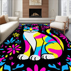 Vibrant Color Block Cat Floral Border Rug