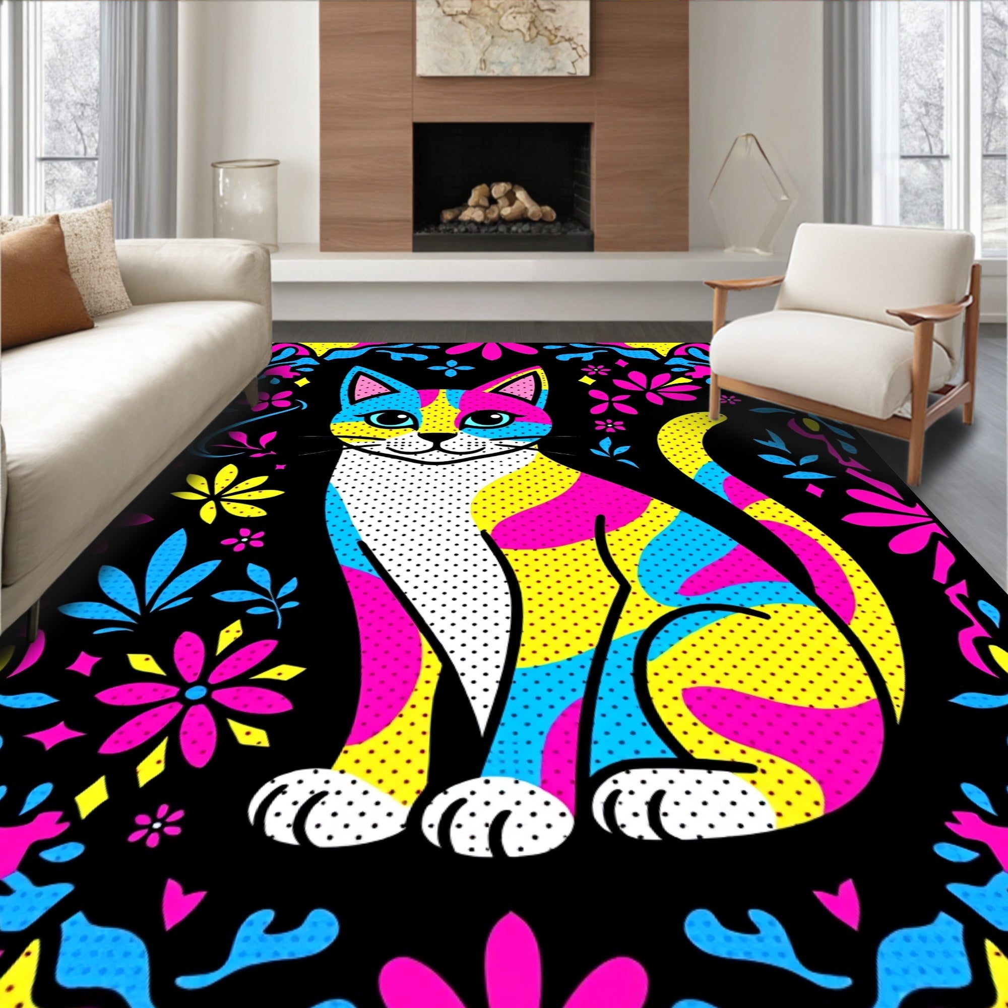 Vibrant Color Block Cat Floral Border Rug