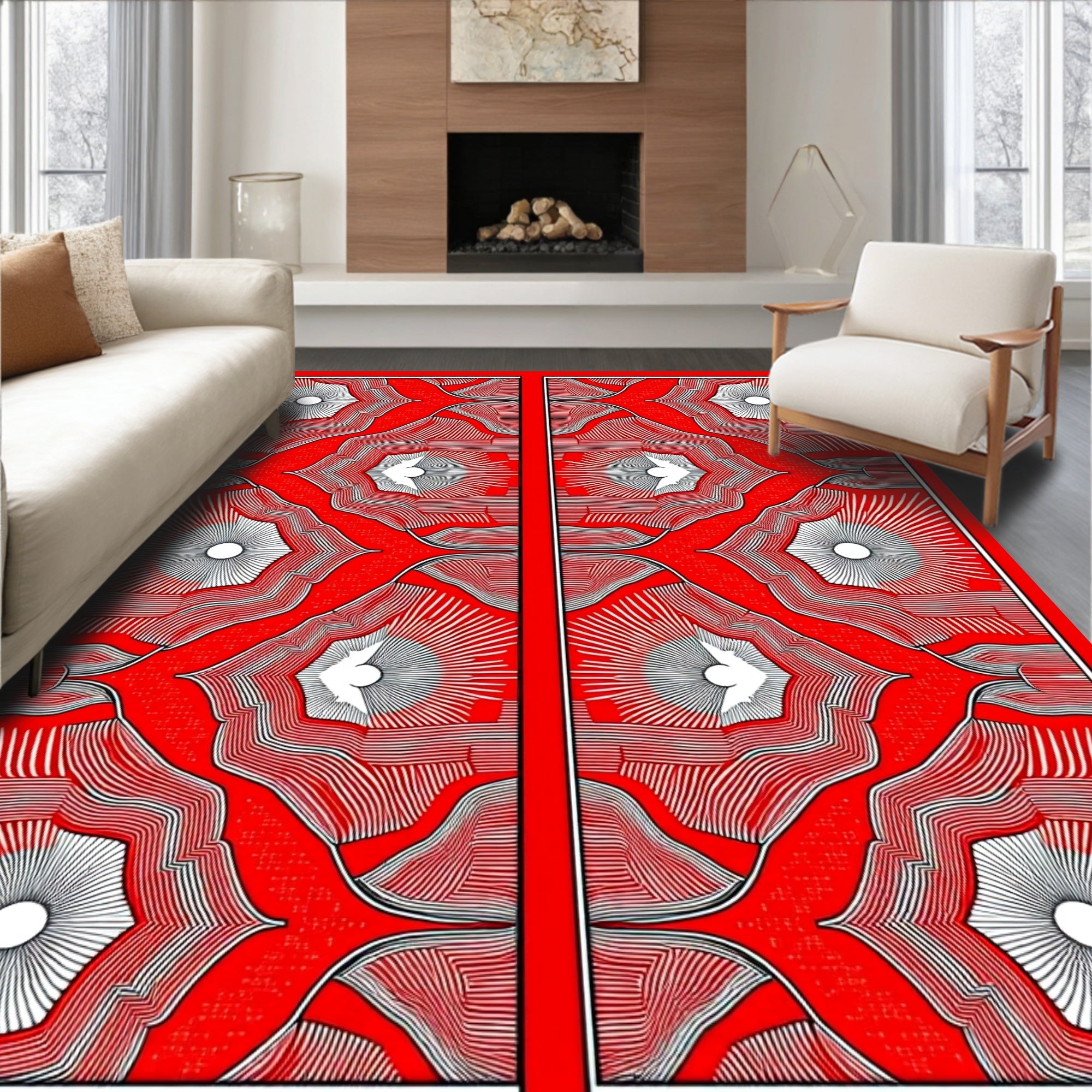 Crimson Radiating Sunburst Mandala Rug