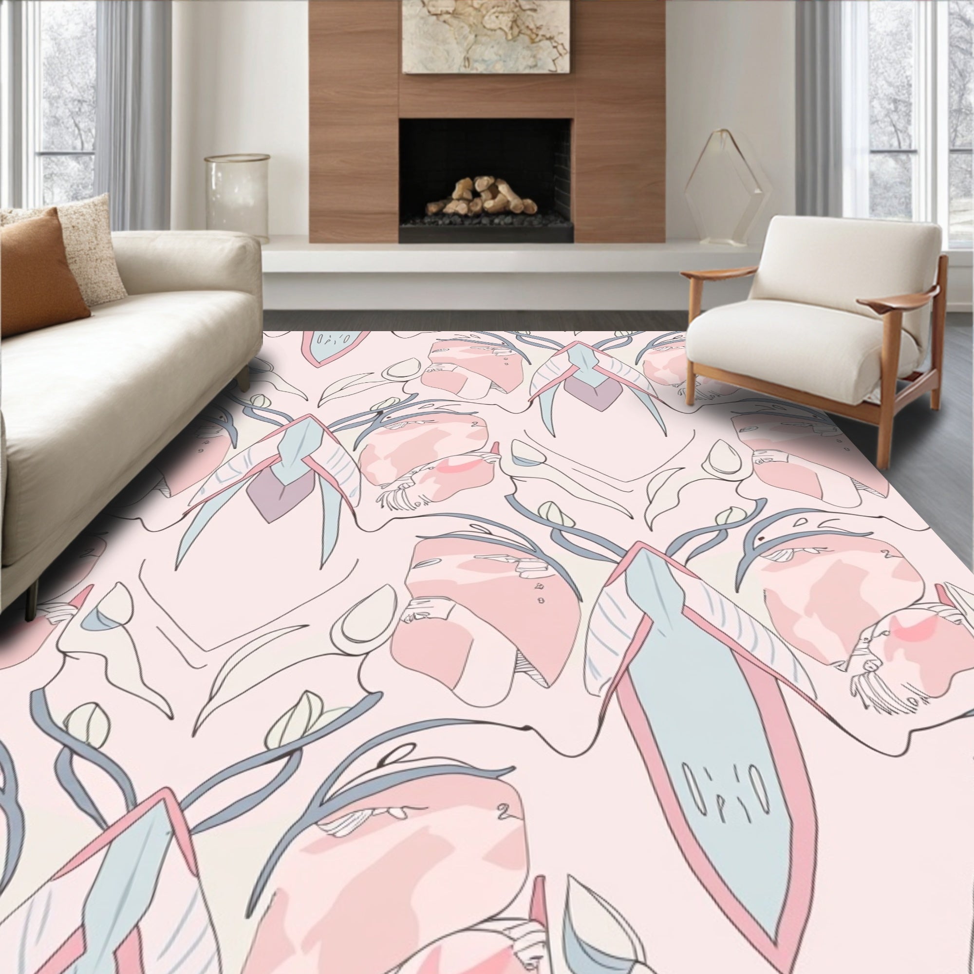 Pale Pink Abstract Organic Botanical Rug