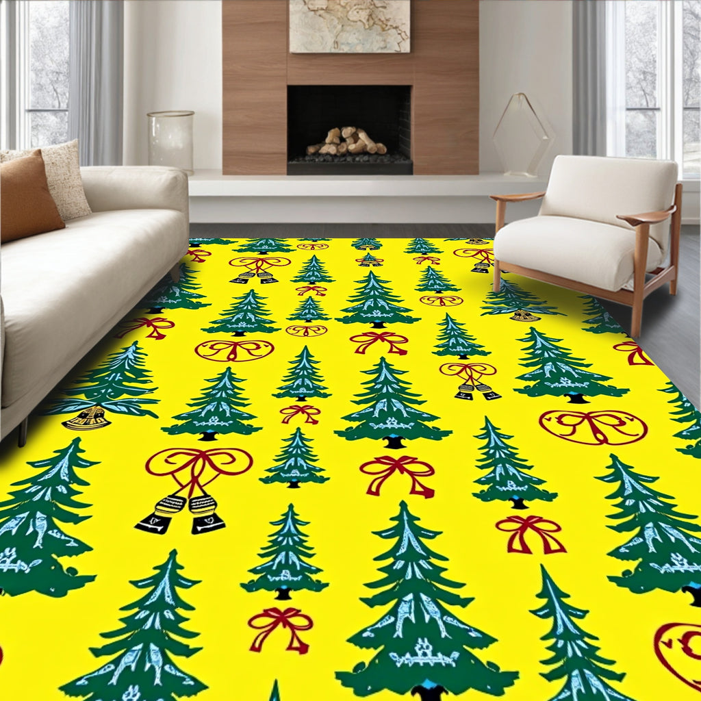 Green Christmas Trees Red Bows Bells Rug