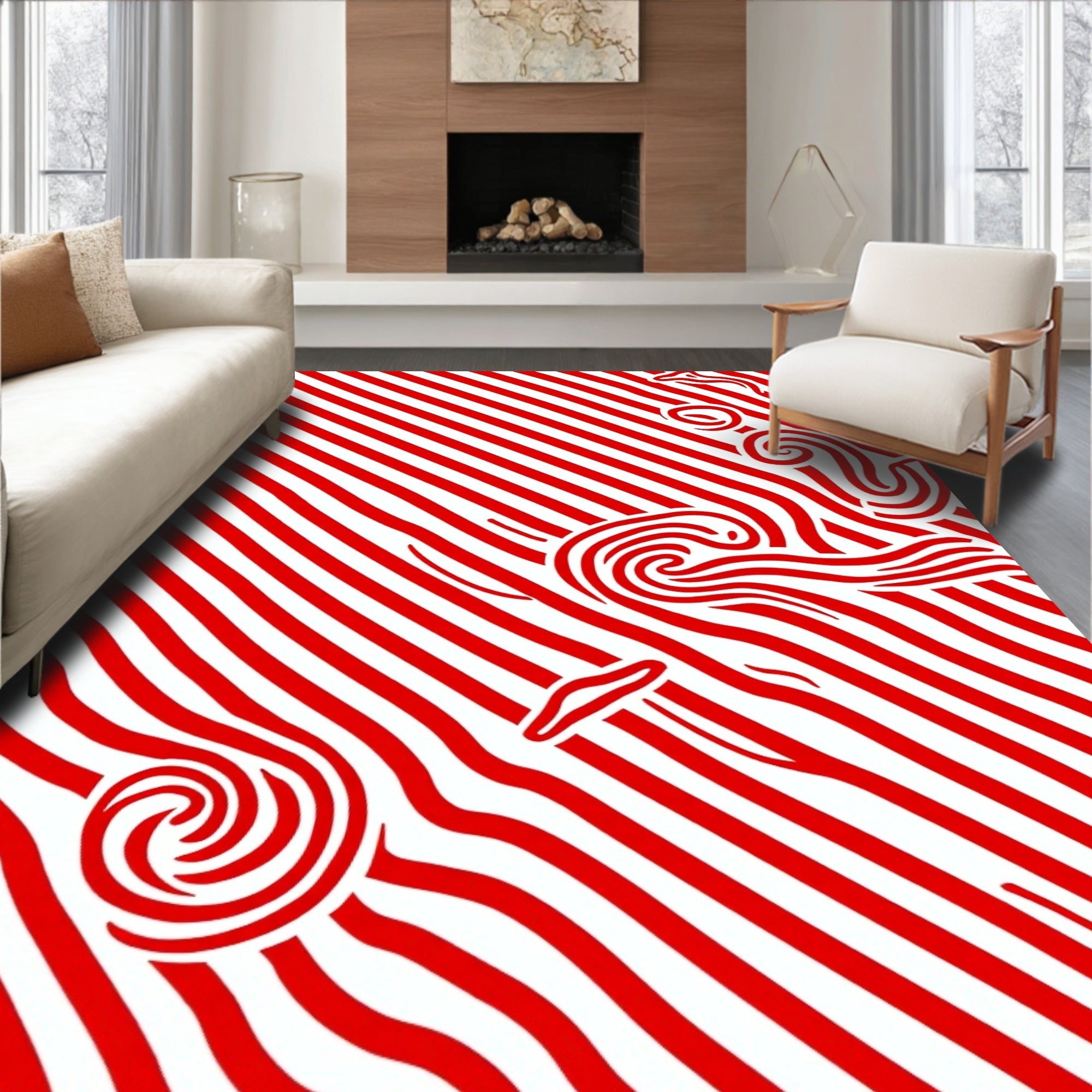 Bold Red Swirl Abstract Stripe Rug