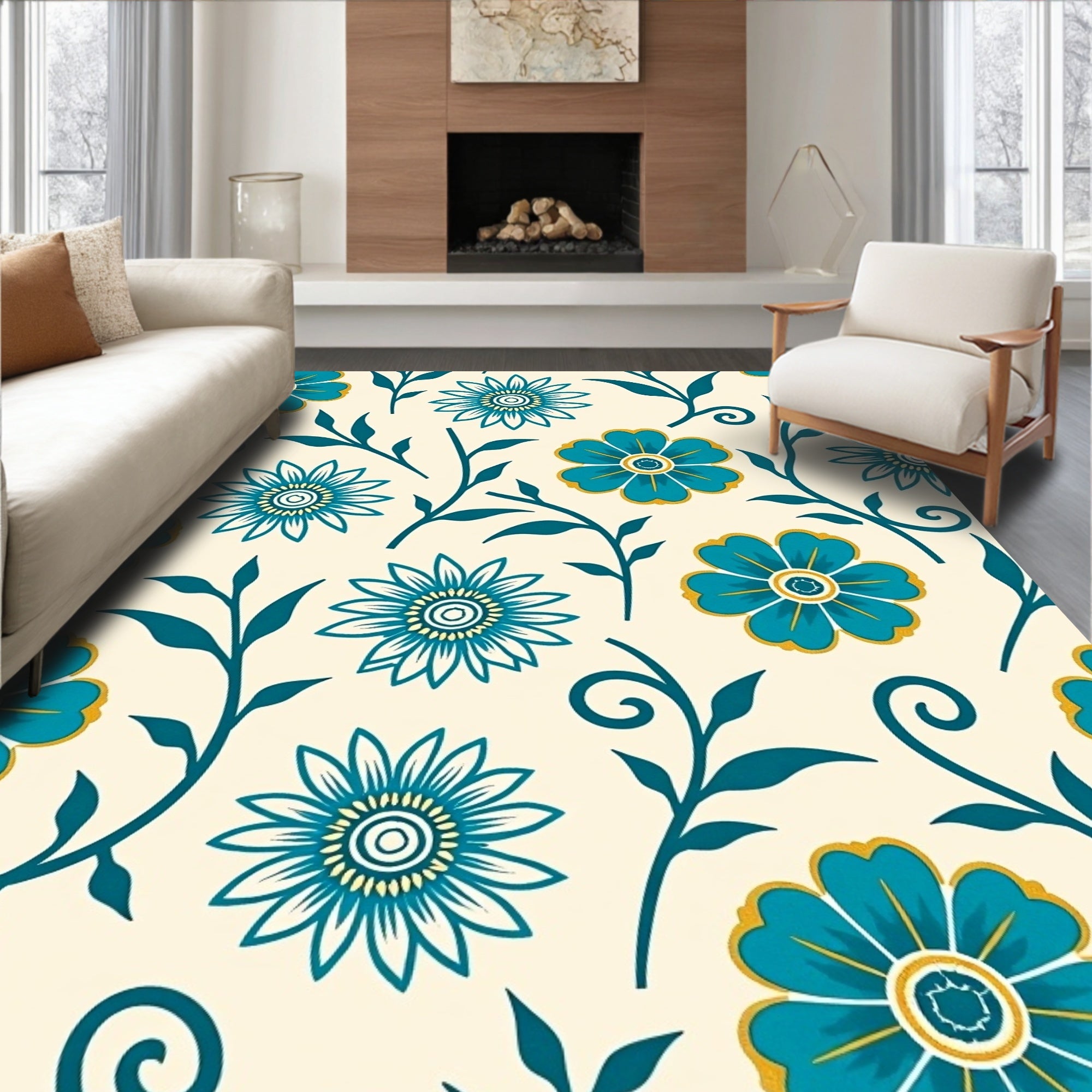 Teal Golden Floral Swirl Rug