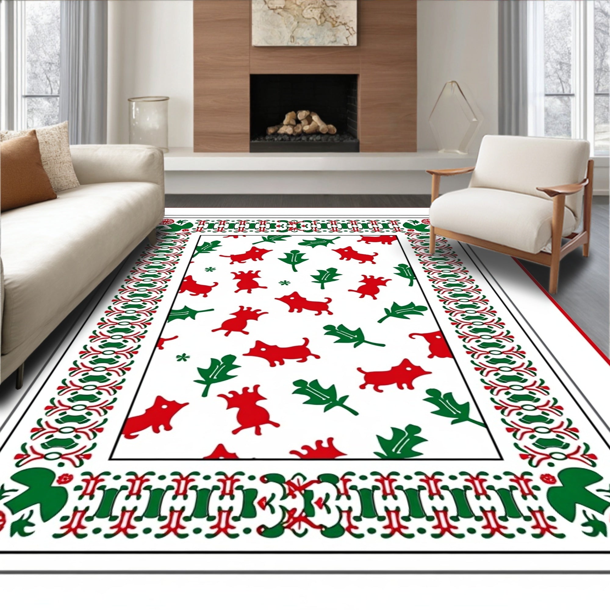 Red Dogs Green Leaves Border Rug