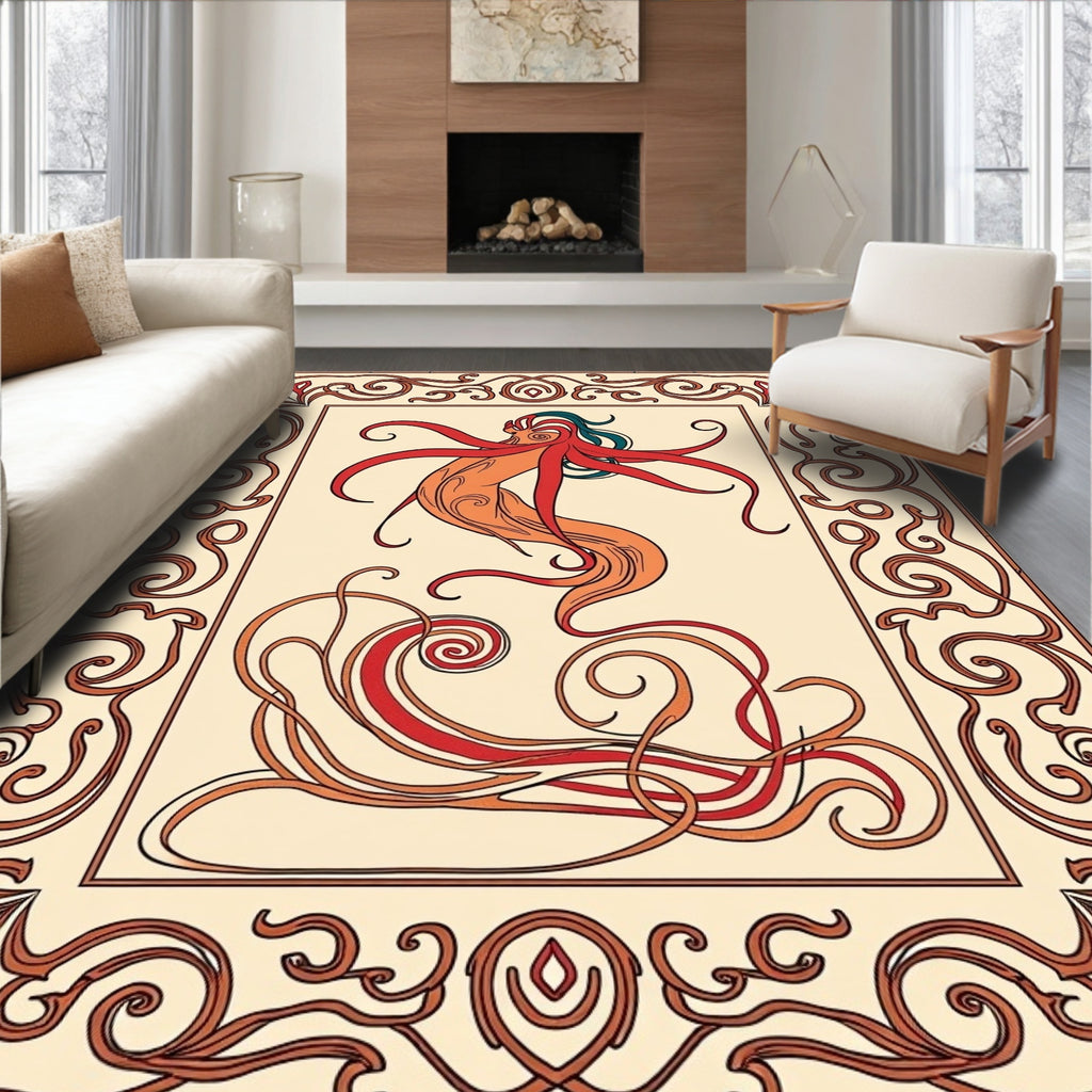 Art Nouveau Siren Red Orange Swirls Rug