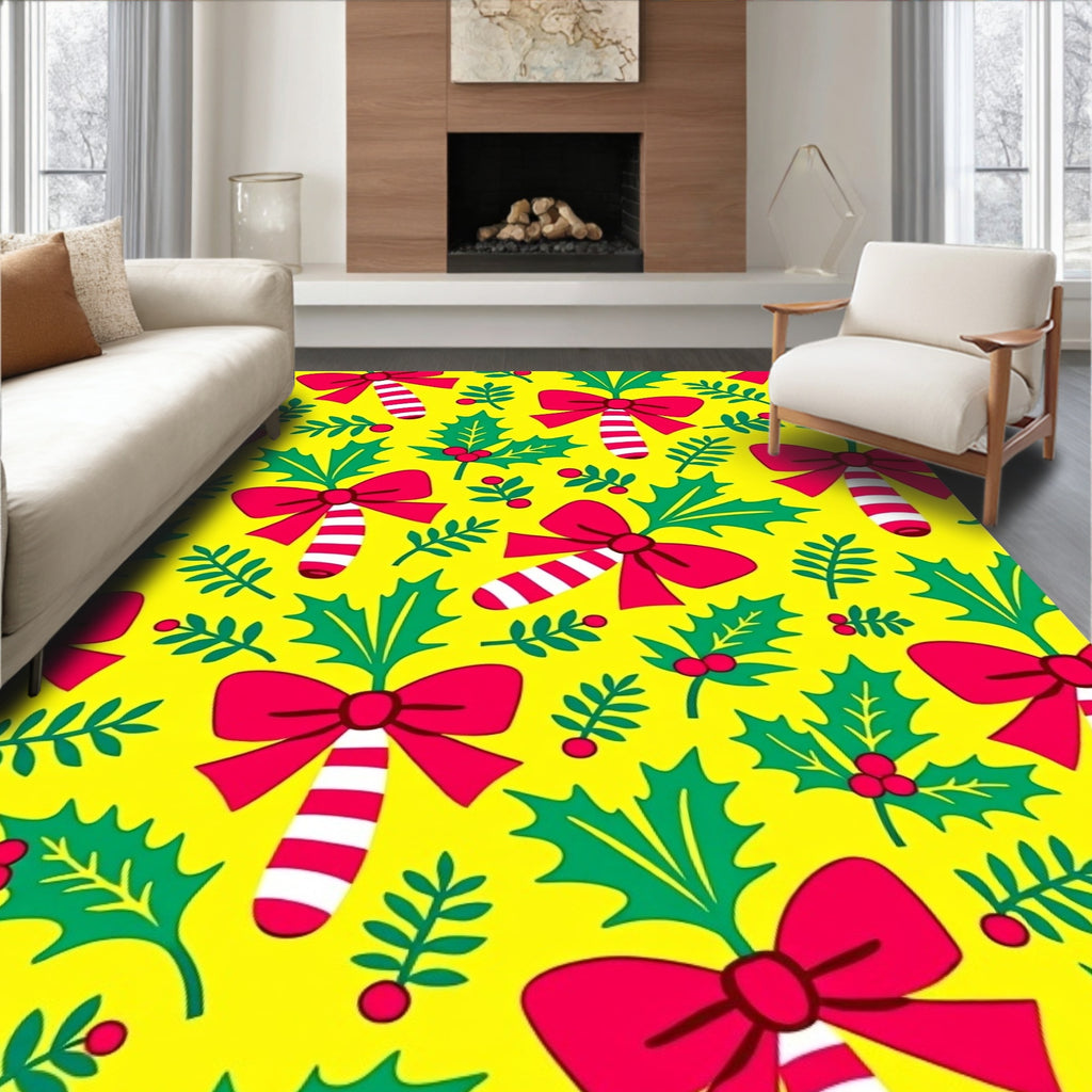 Bright Yellow Red Holly Festive Bows Rug