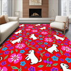 Happy White Dogs Pink Blue Flowers Rug