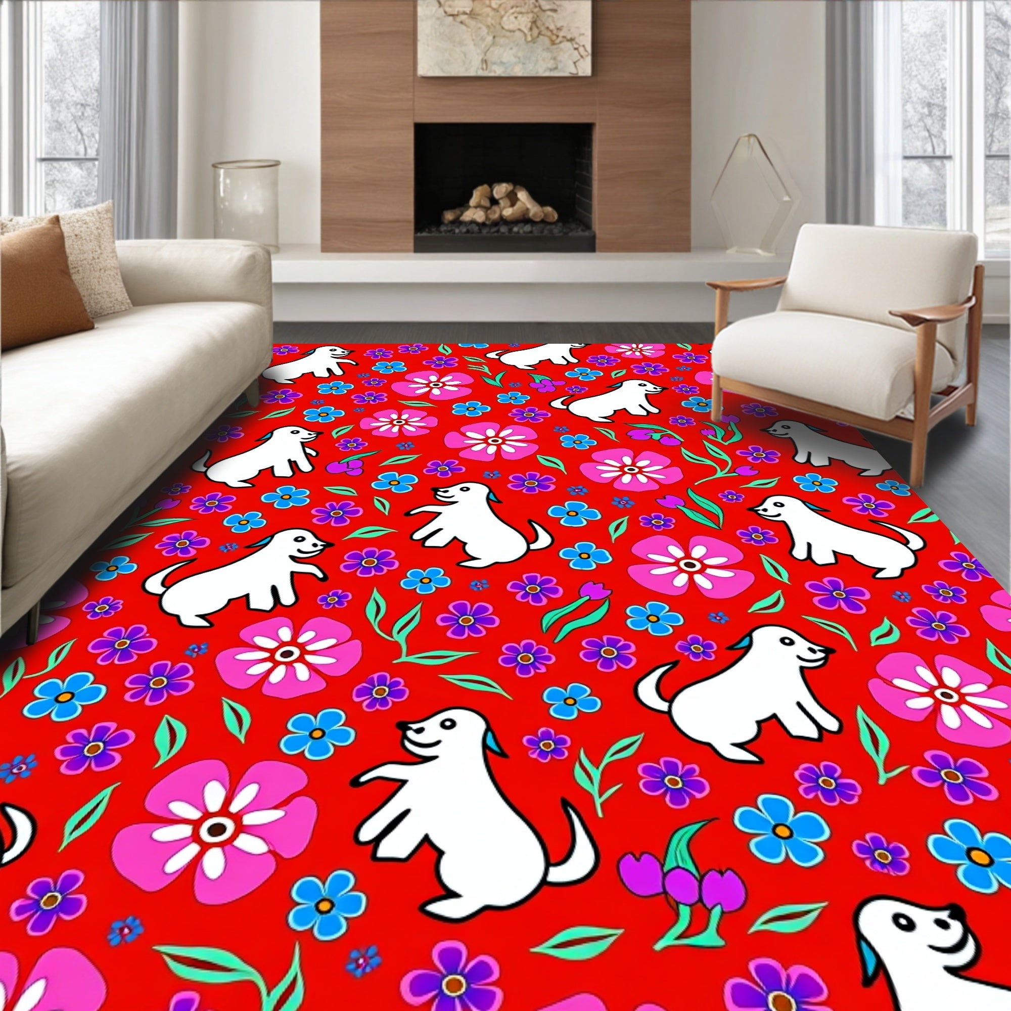 Happy White Dogs Pink Blue Flowers Rug