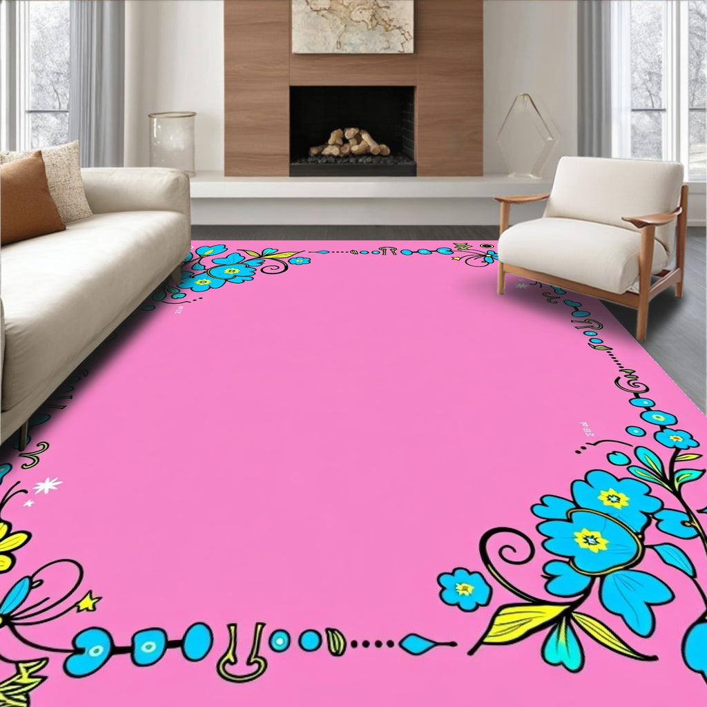 Pink Blue Yellow Floral Whimsical Border Rug