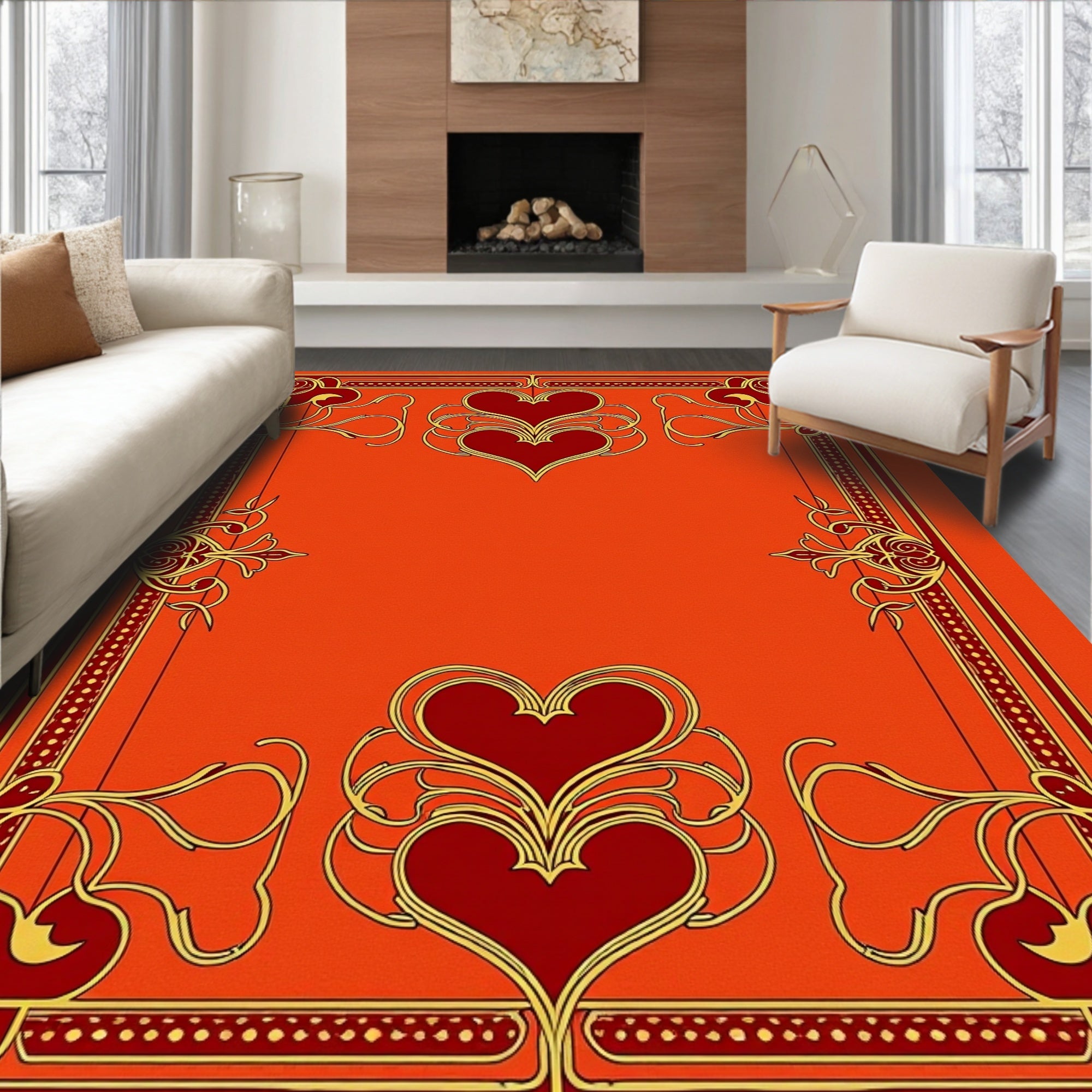 Crimson Gold Double Heart Frame Rug