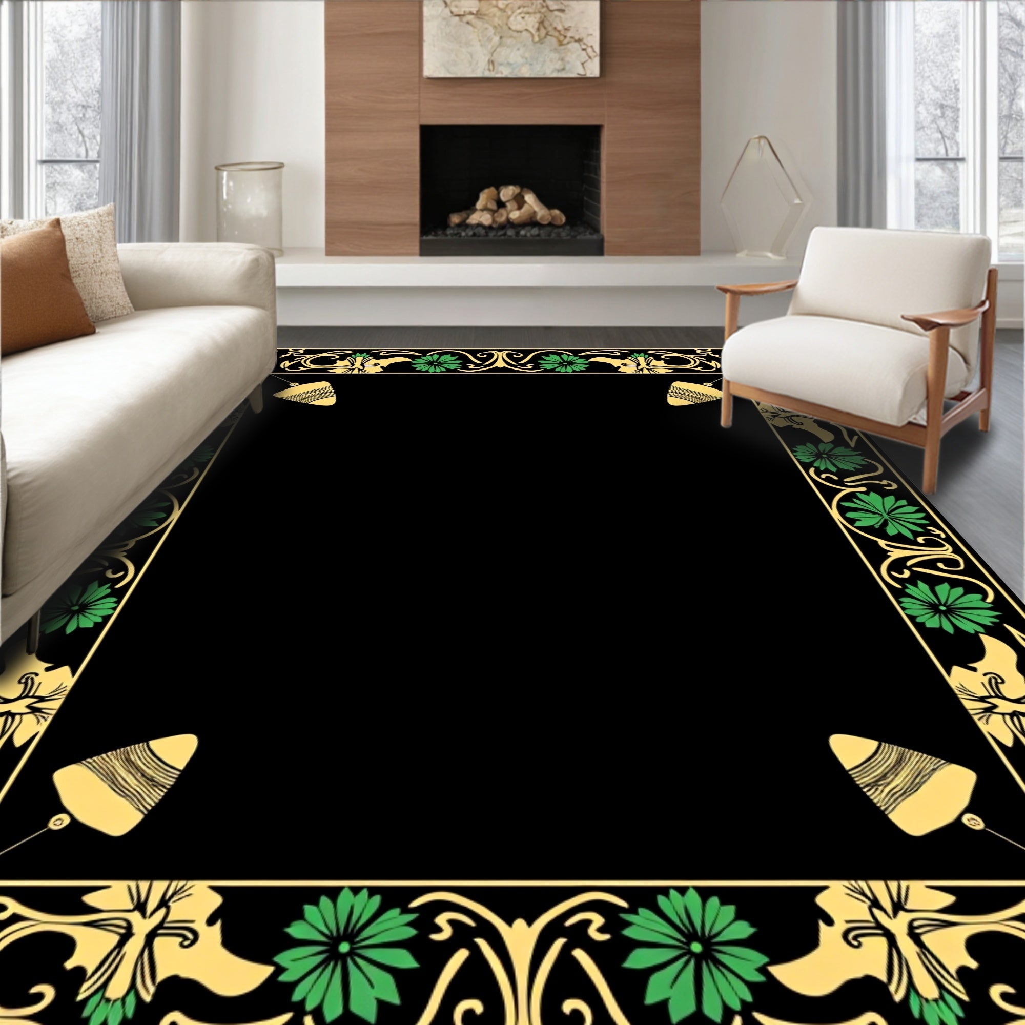 Art Nouveau Black Gold Green Plumb Bob Frame Rug