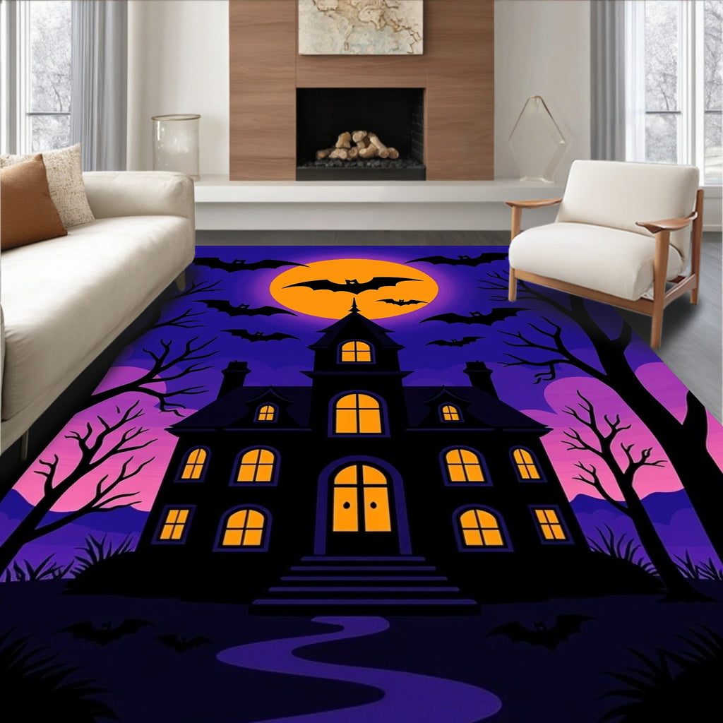 Spooky Haunted House Bat Moon Scene Rug