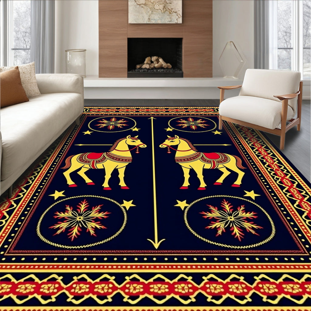 Golden Horses Red Saddle Medallion Border Rug