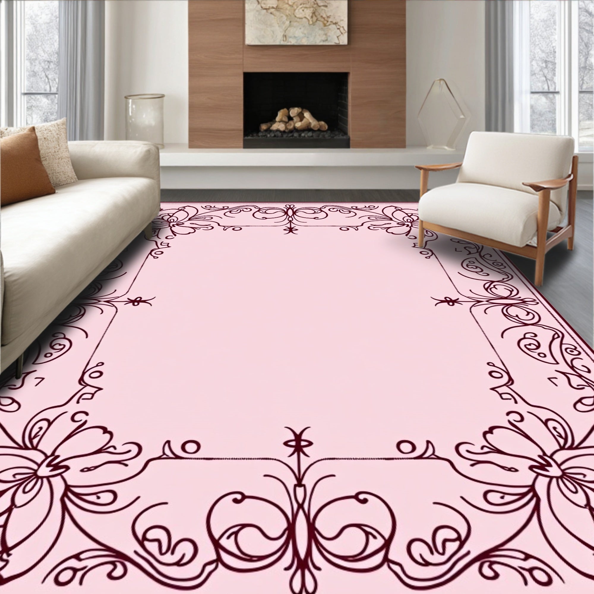 Elegant Pink Floral Scroll Border Rug