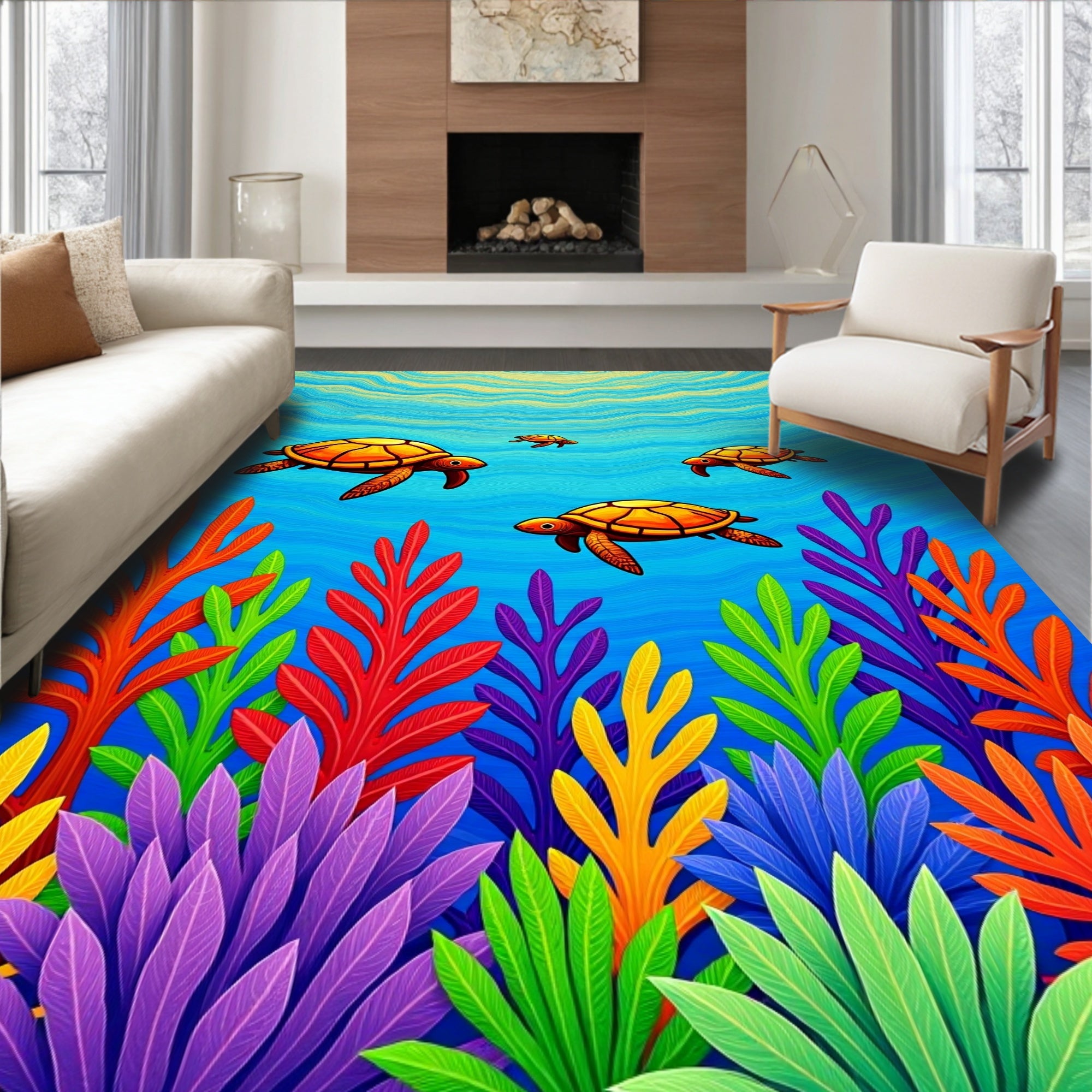 Vibrant Sea Turtle Coral Reef Rug
