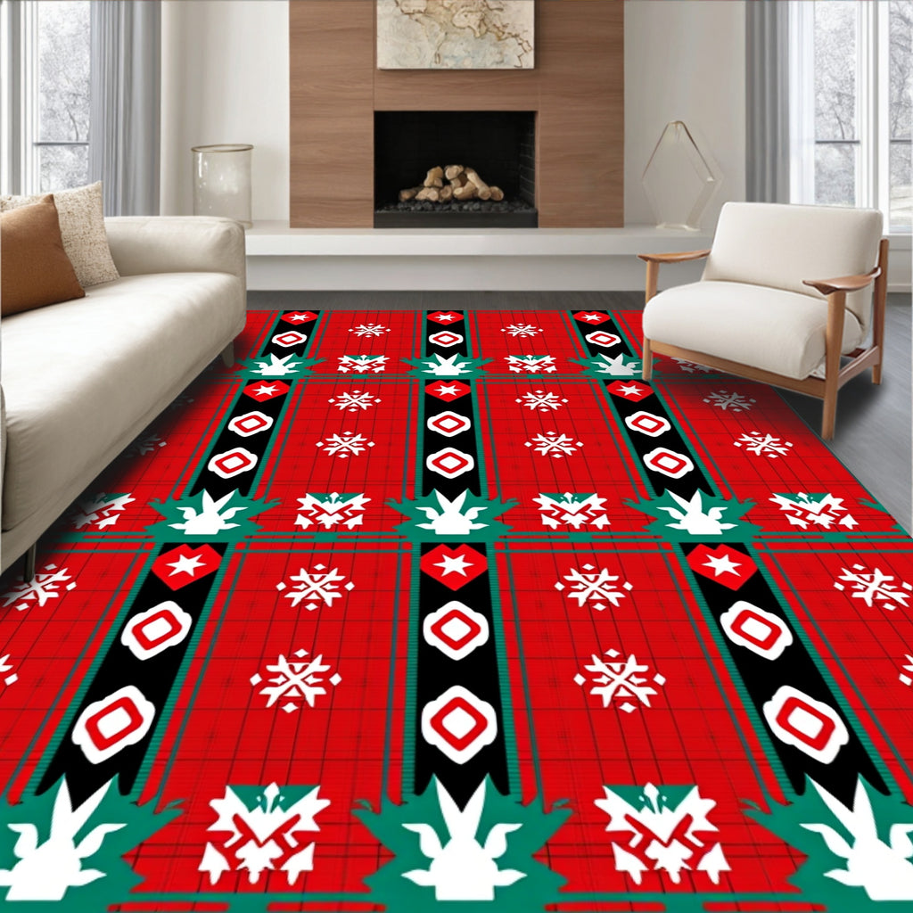 Red White Black Green Plaid Snowflakes Rug