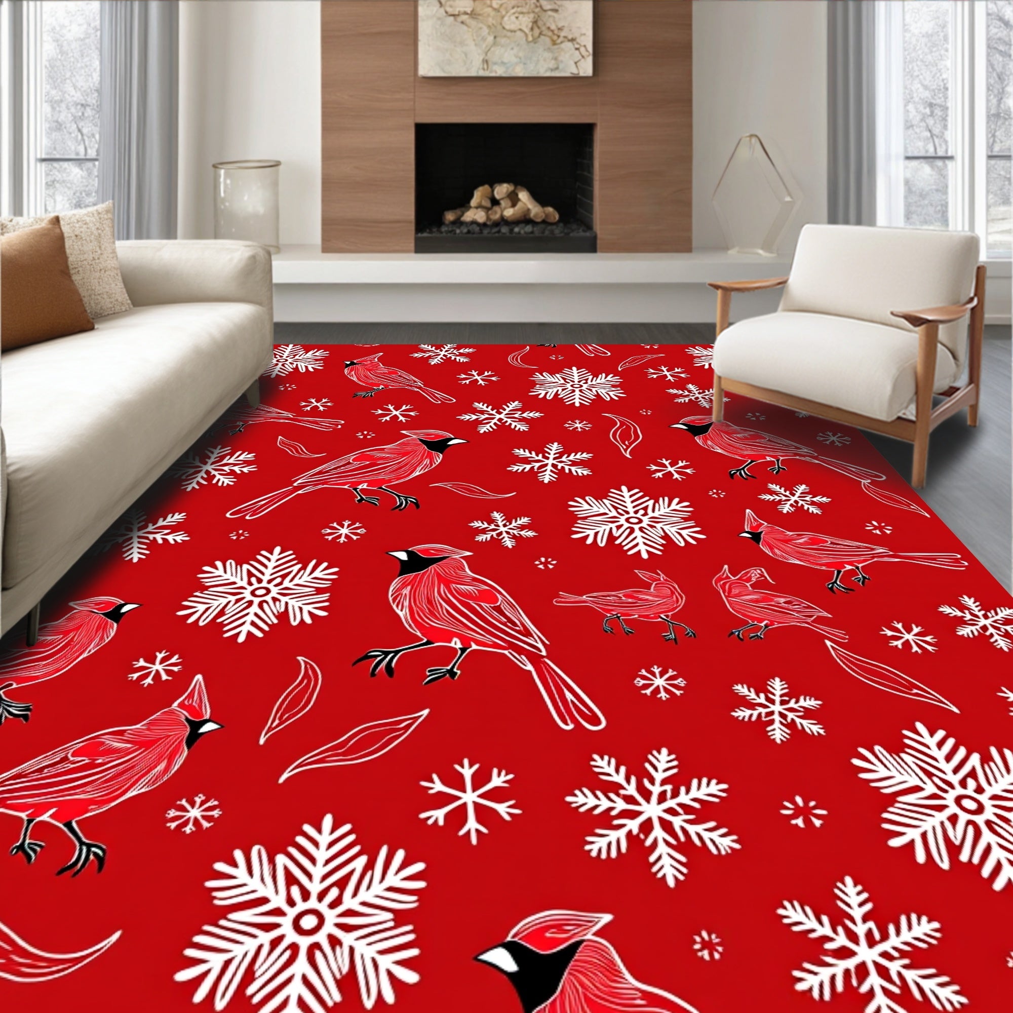 Red Cardinal Snowflake Winter Scene Rug