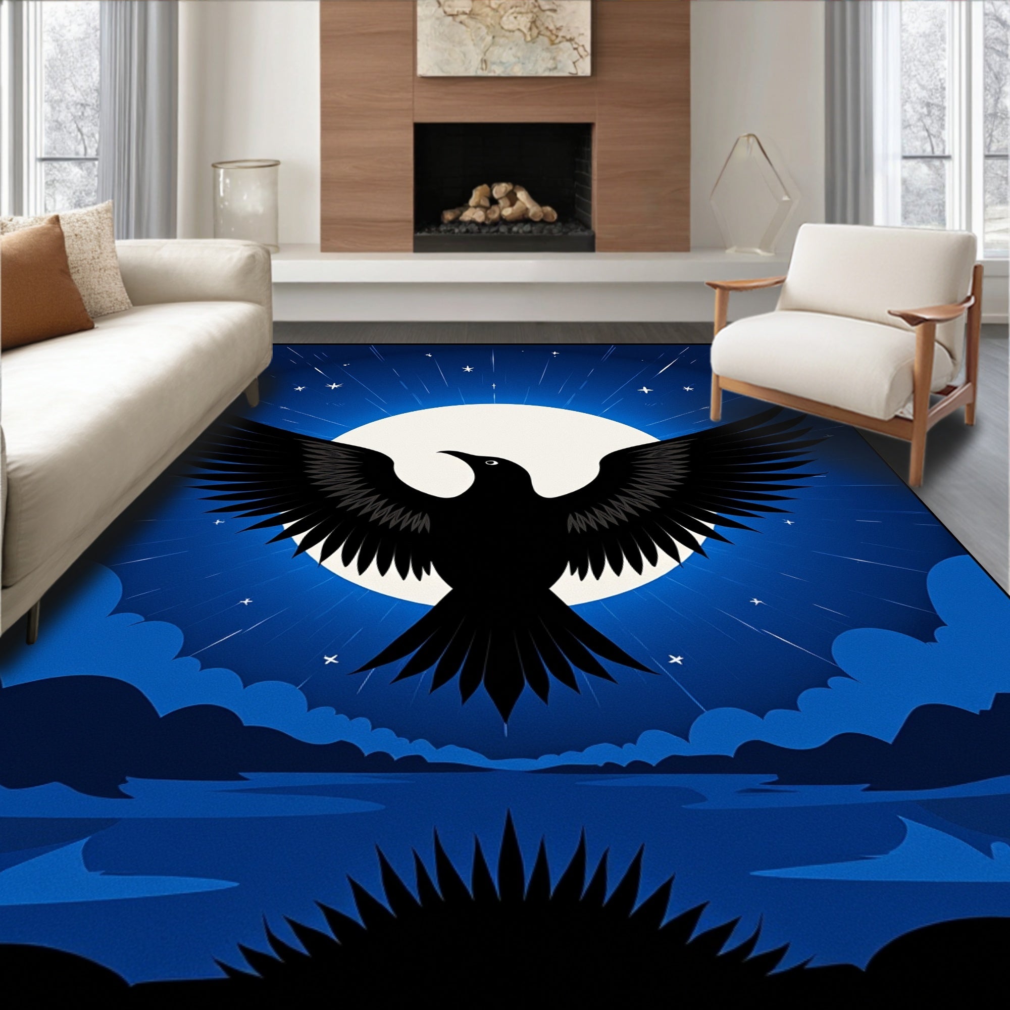 Flying Black Crow Moon Night Rug