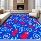 Red Snowflakes and Stockings Blue Rug