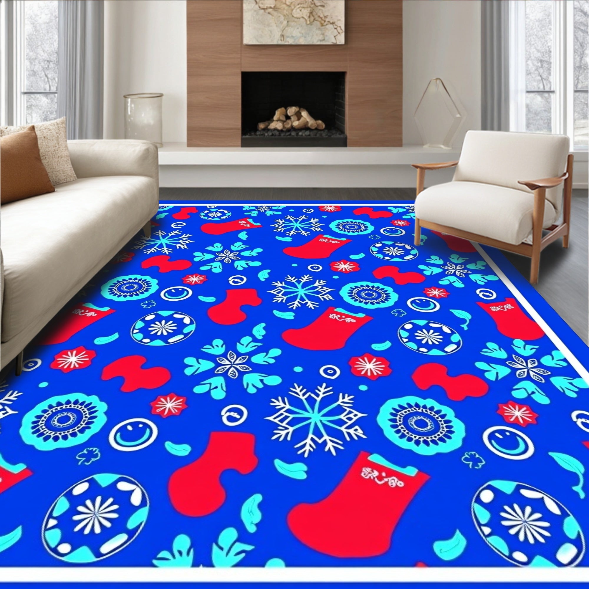Red Snowflakes and Stockings Blue Rug