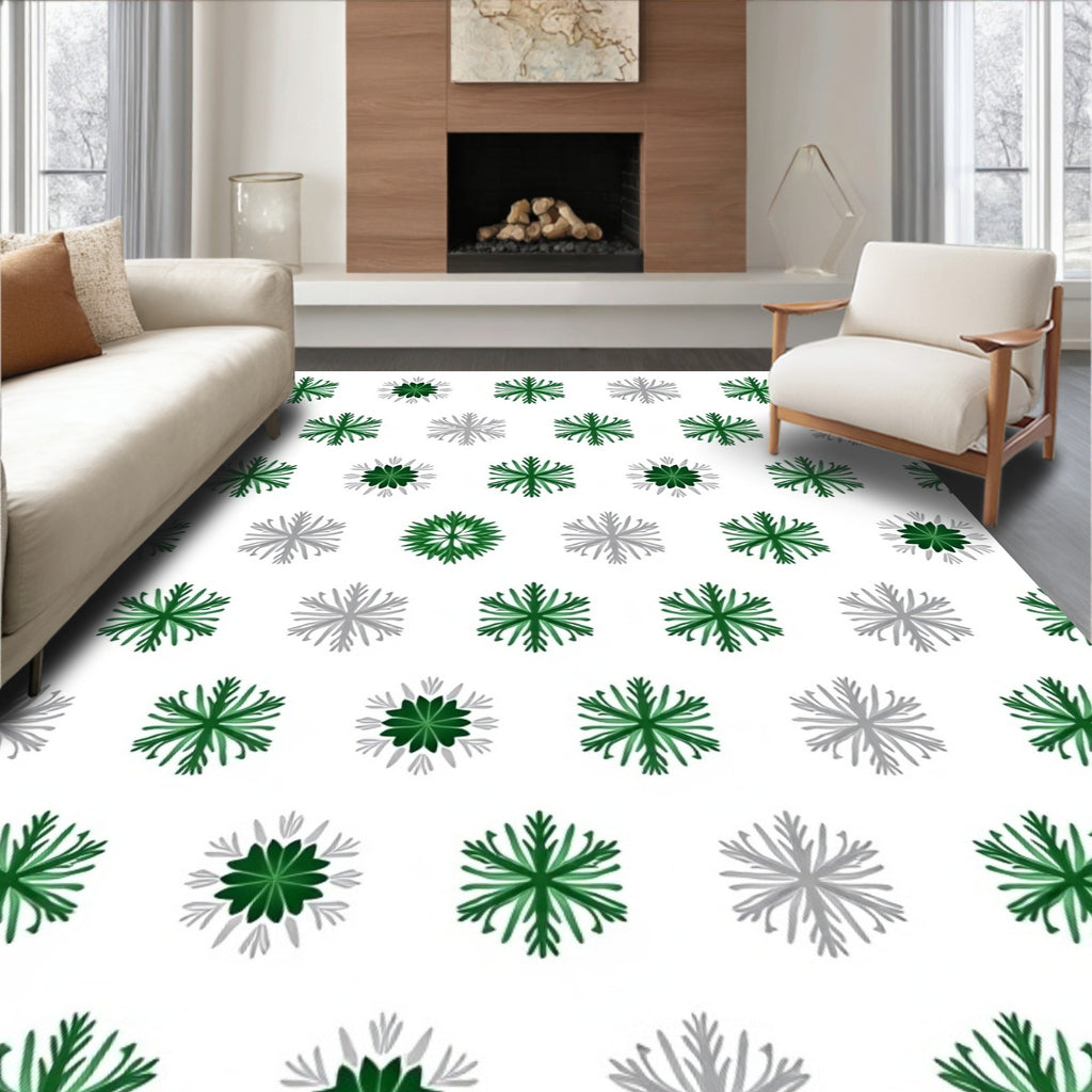 Green Silver Snowflake Repeating Pattern Rug