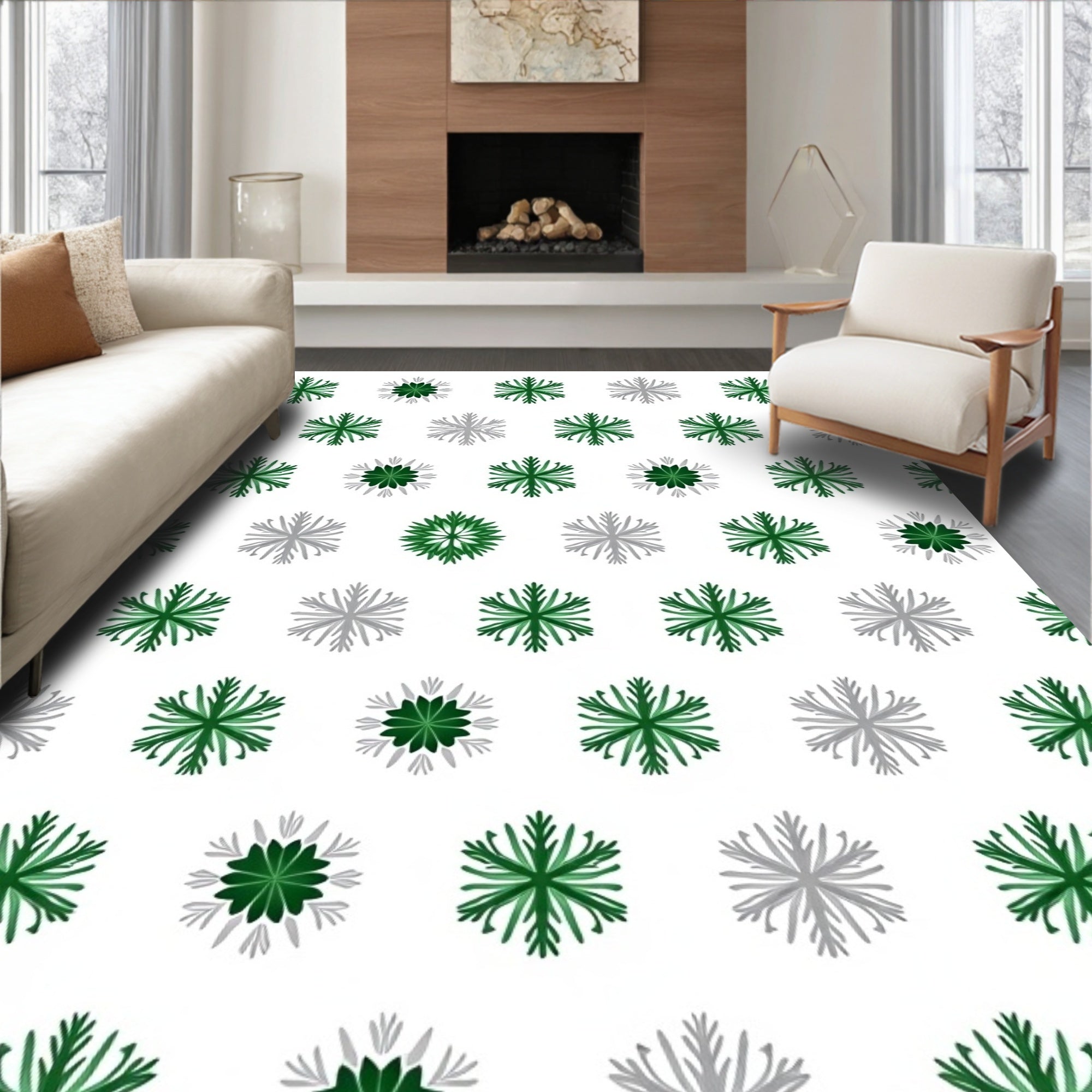 Green Silver Snowflake Repeating Pattern Rug