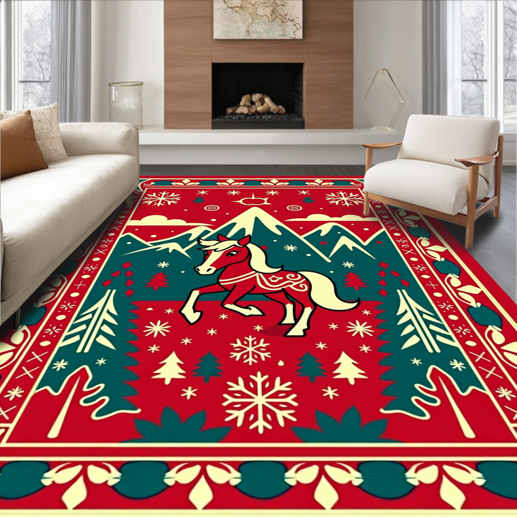 Enchanting Red Horse Winter Scene Rug