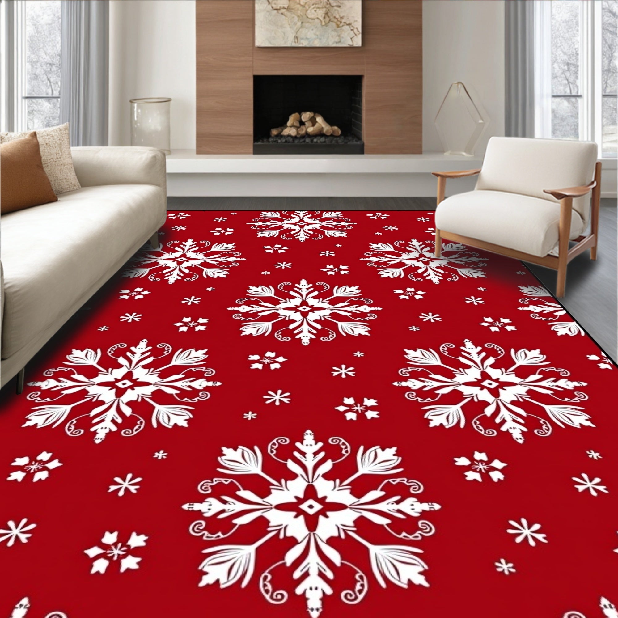 Red White Snowflake Collage Ornament Rug