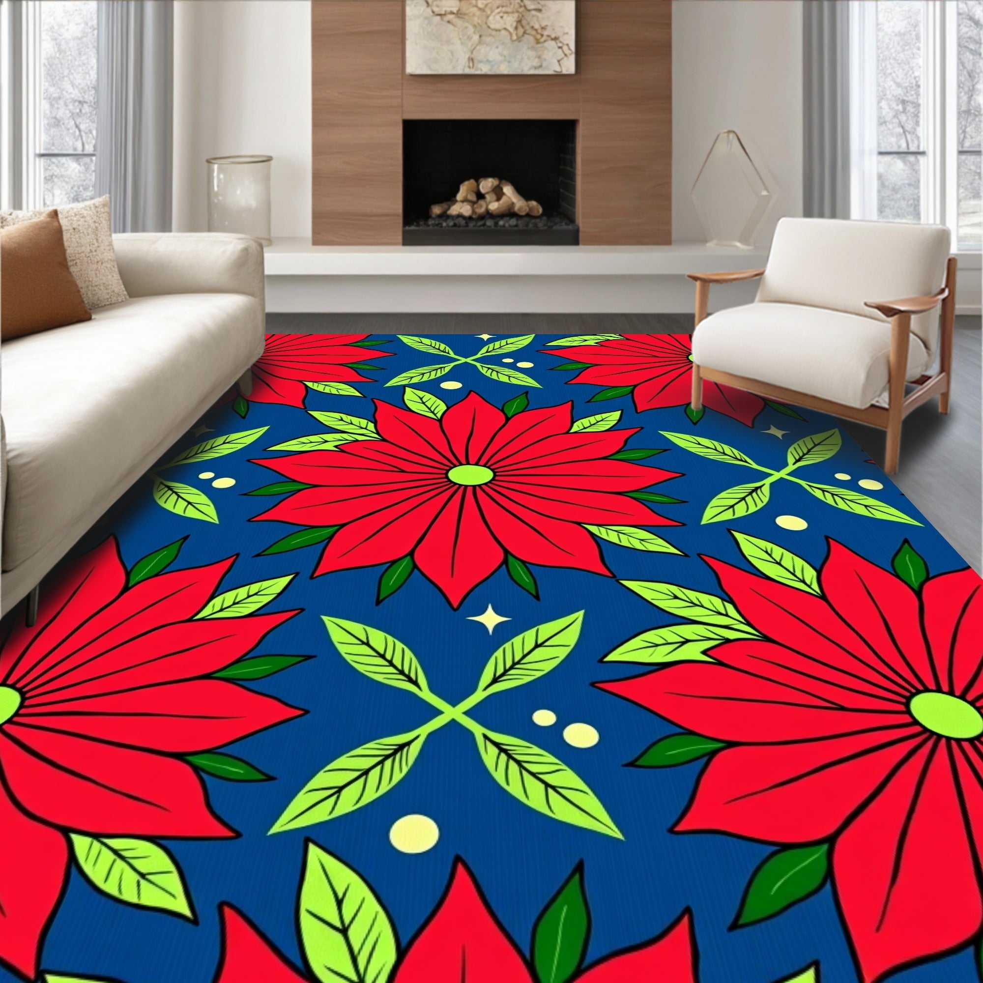 Crimson Floral Poinsettia Garden Rug