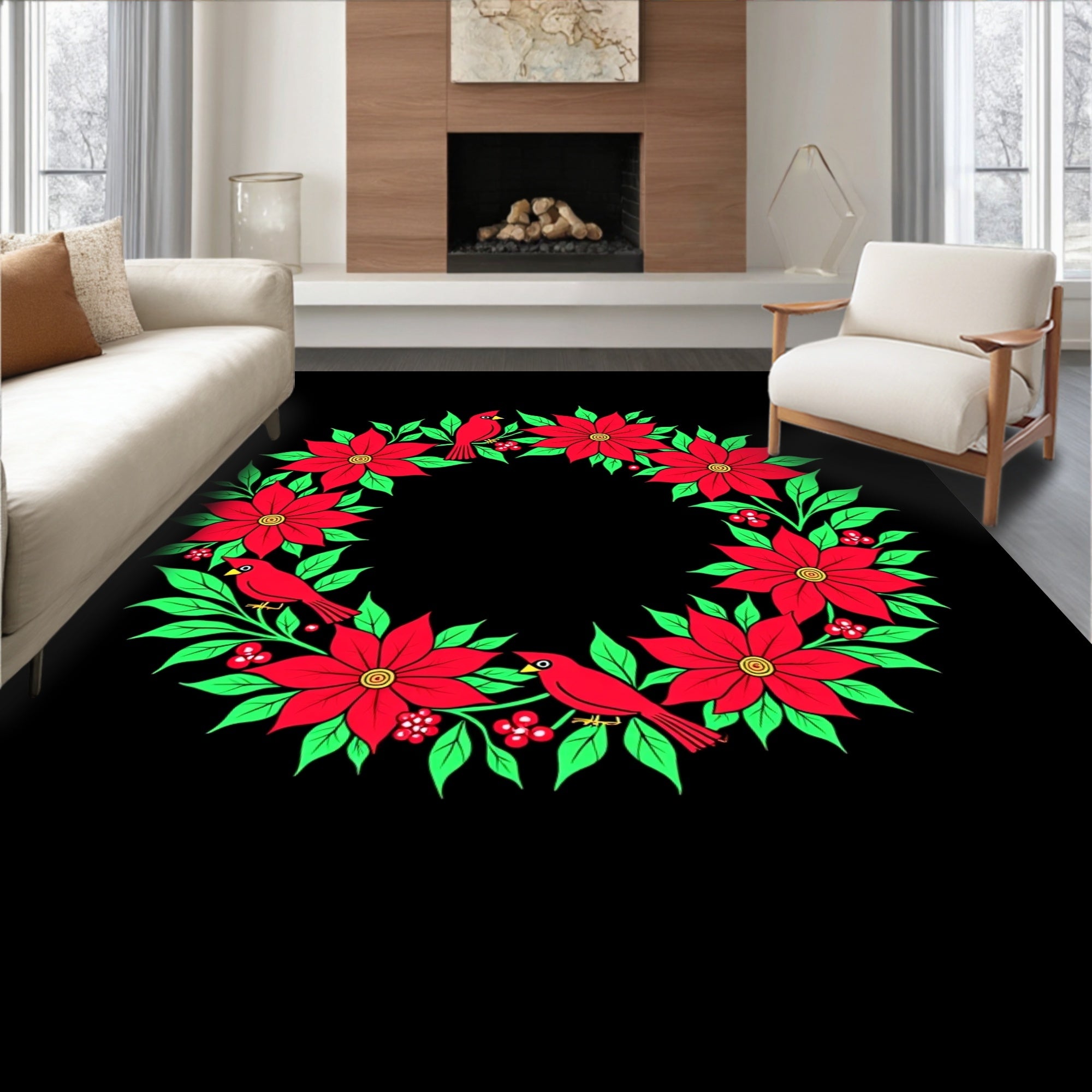 Red Cardinal Poinsettia Wreath Rug