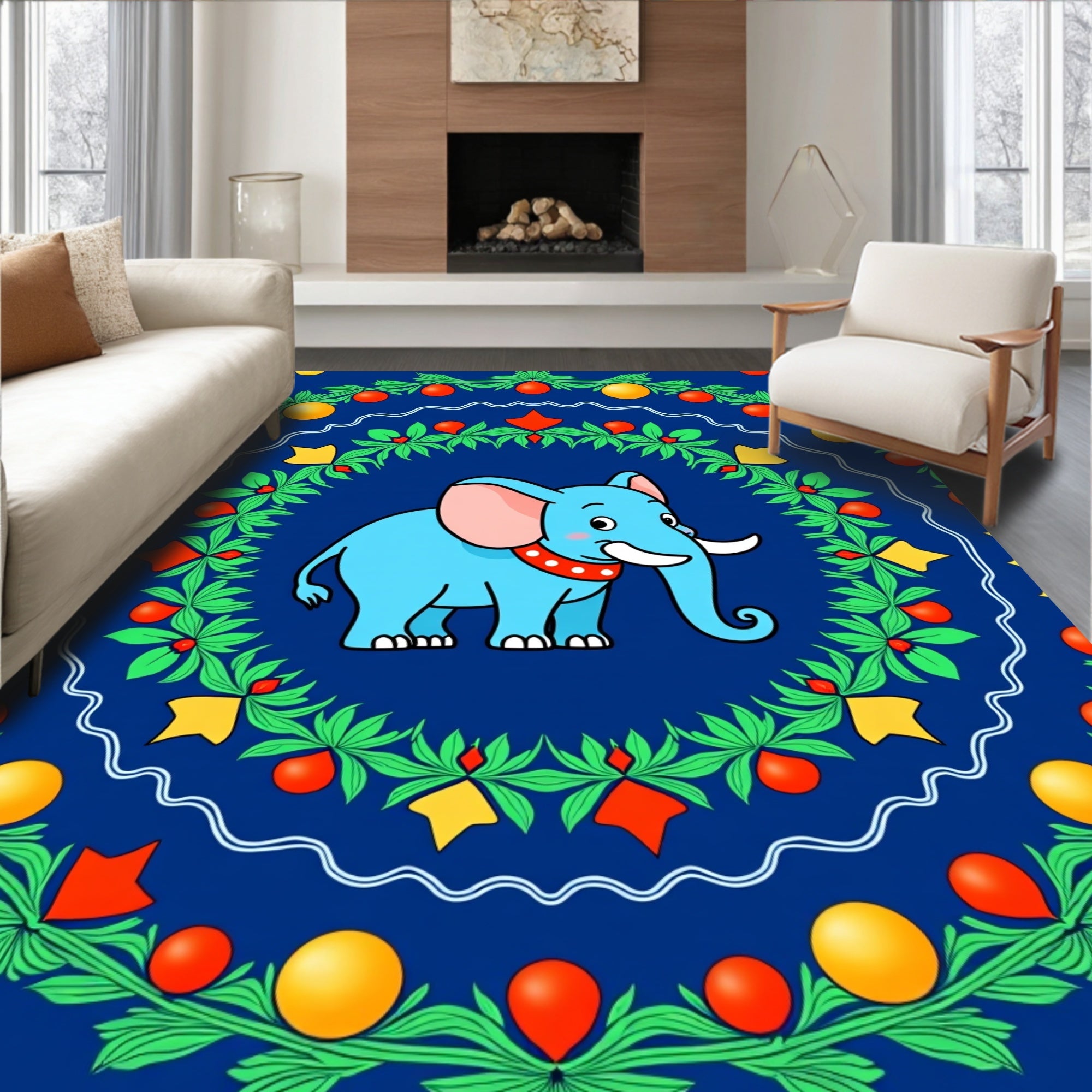 Blue Elephant With Foliage Border Rug