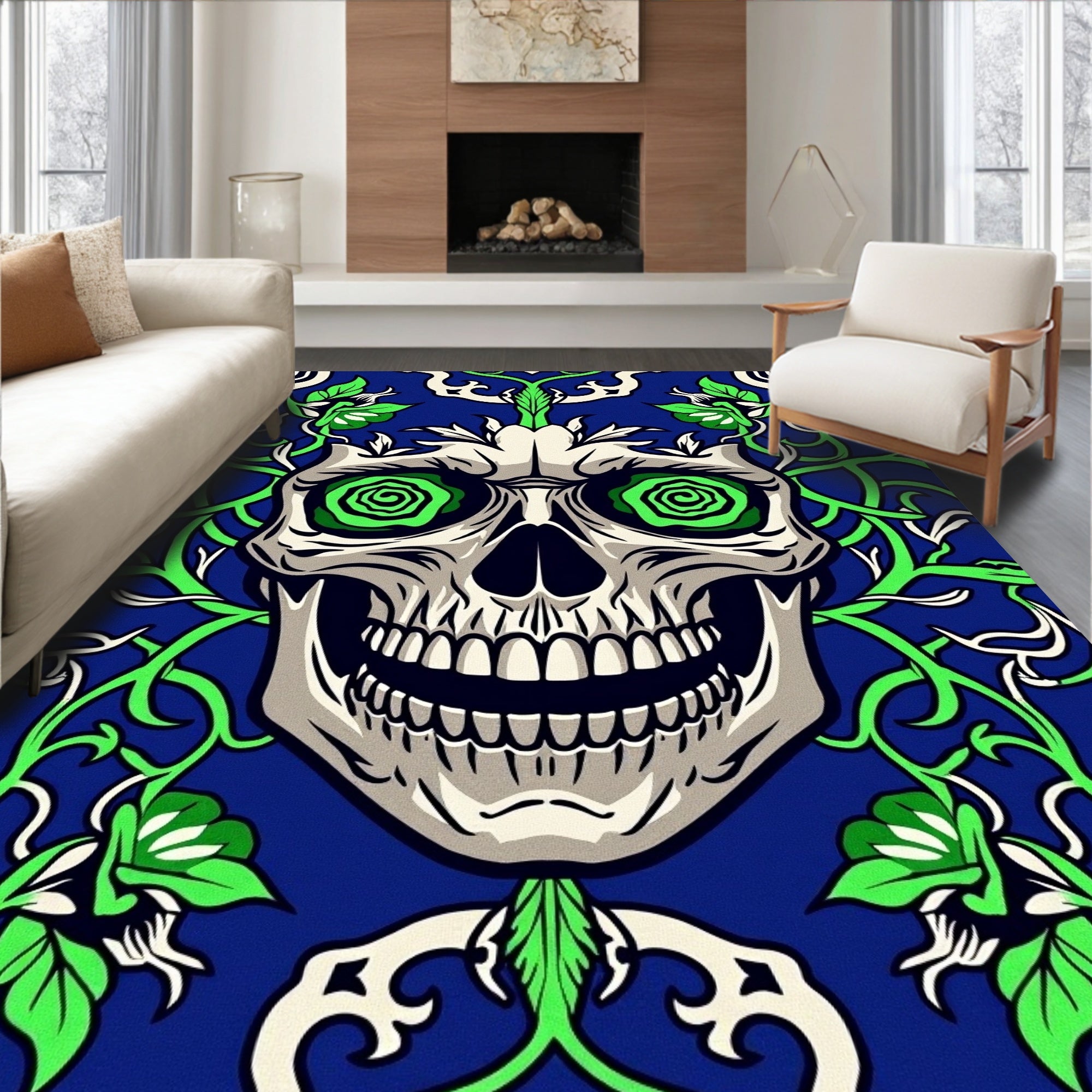 Gothic Skull Green Floral Blue Rug