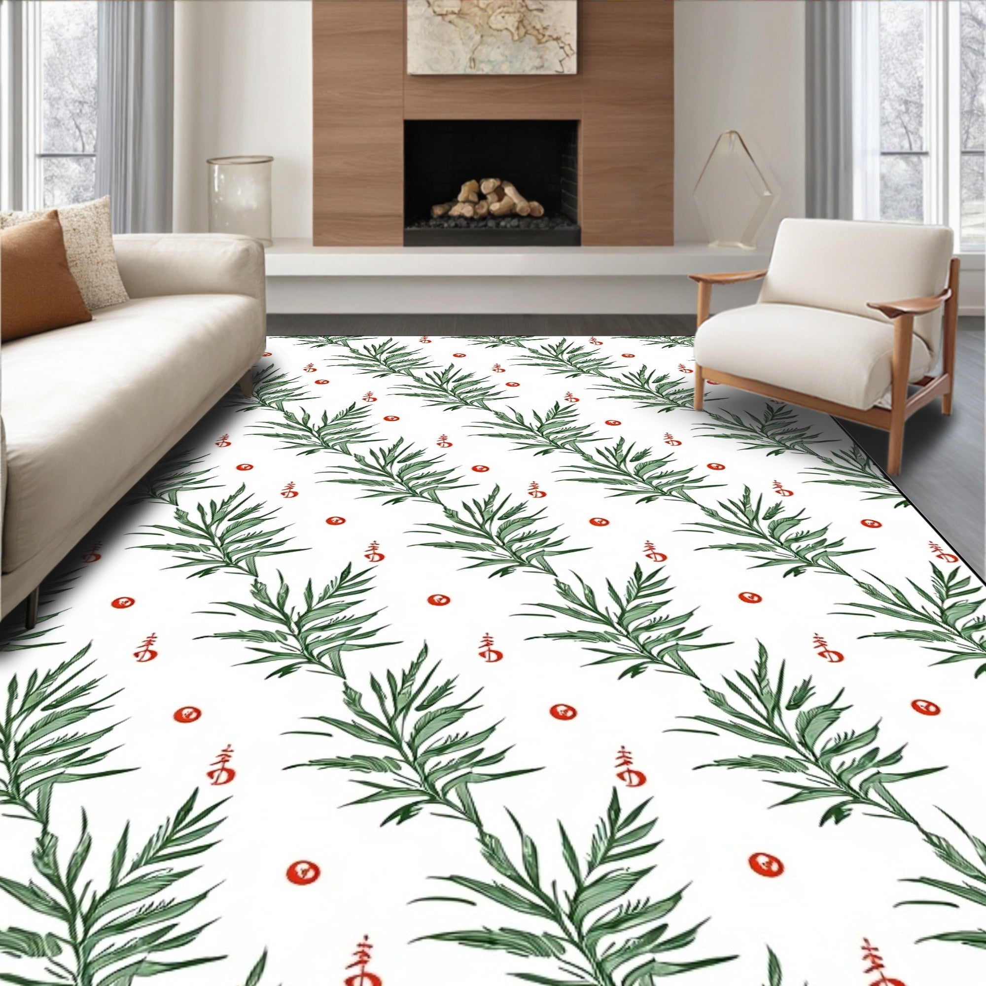 Green Leaf Branch Red Dot Arrangement Rug