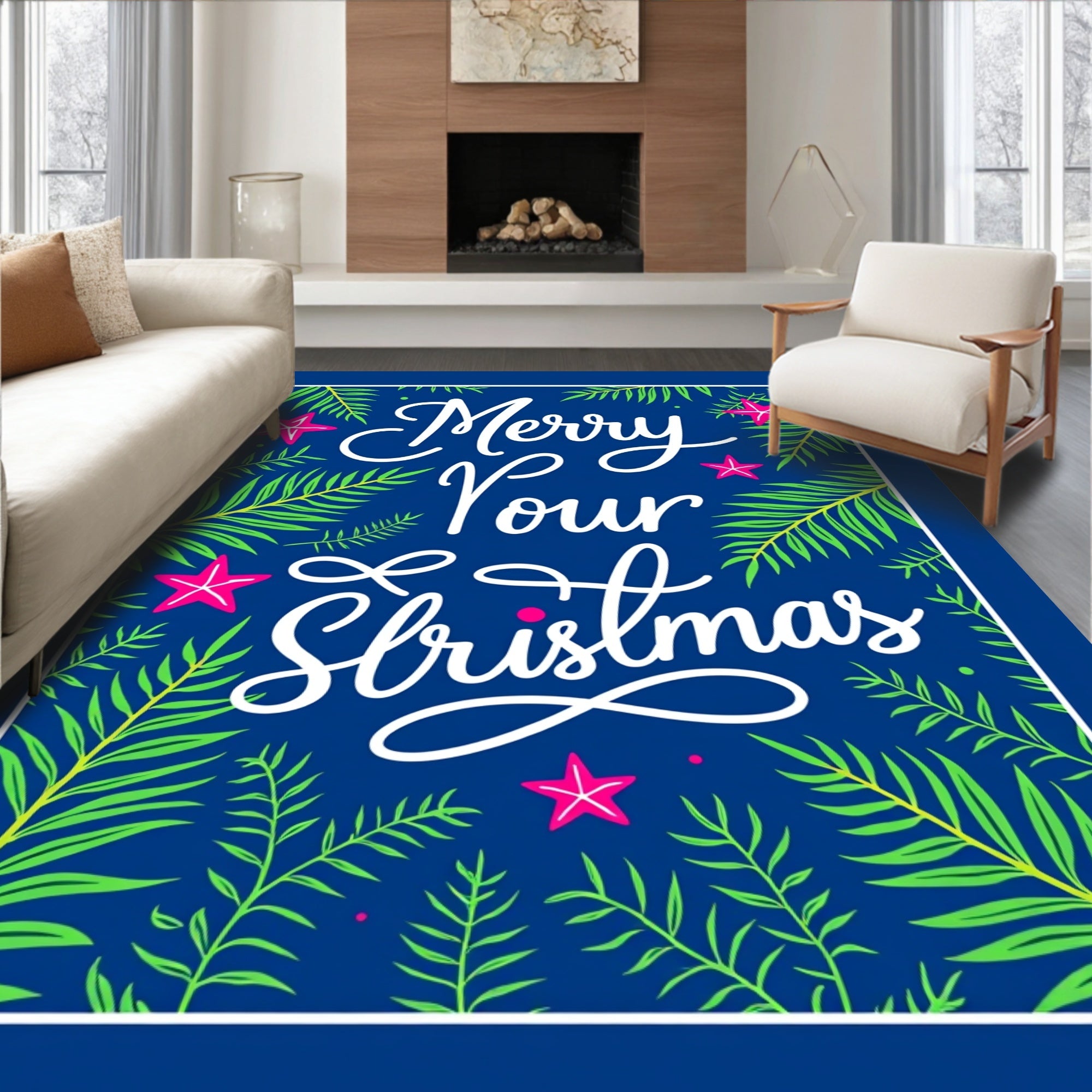 Vibrant Blue Green Star Christmas Script Rug