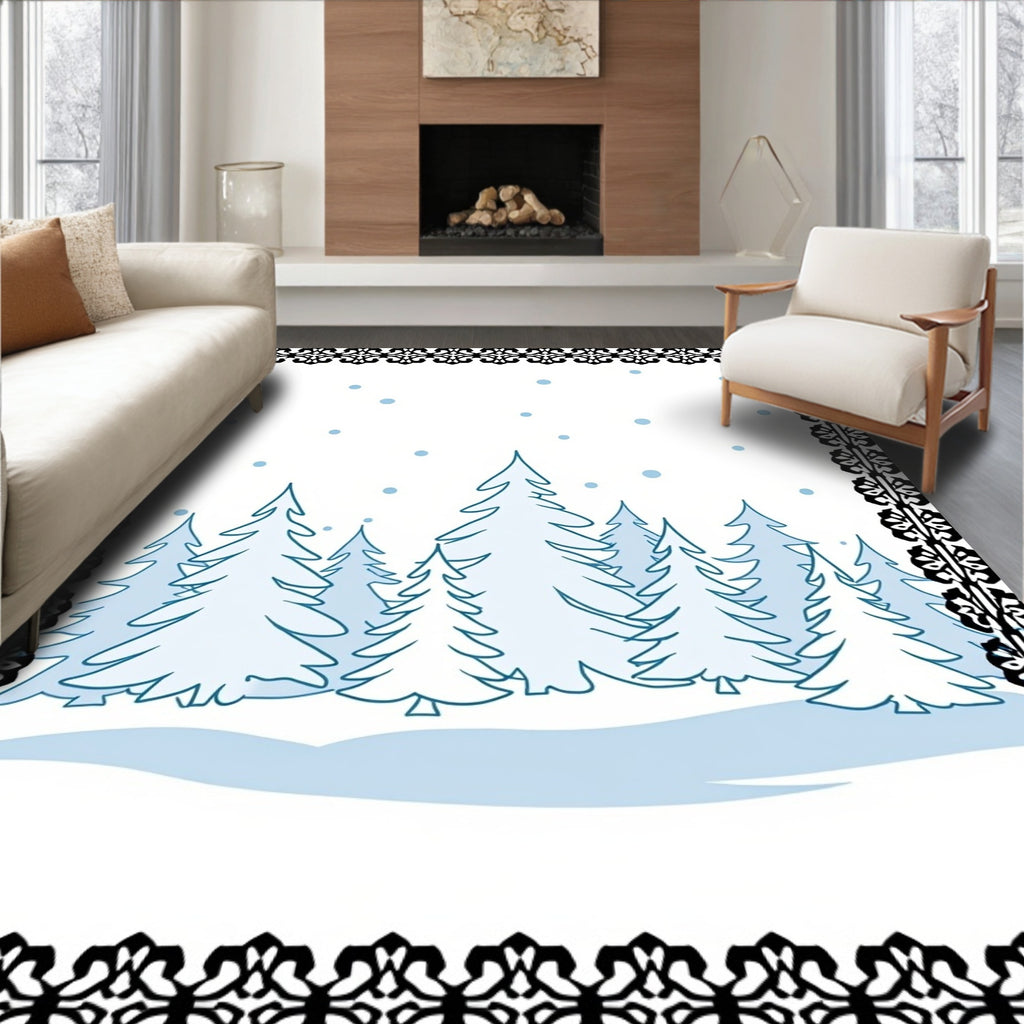 Winter Snowfall Pine Forest Scene Rug