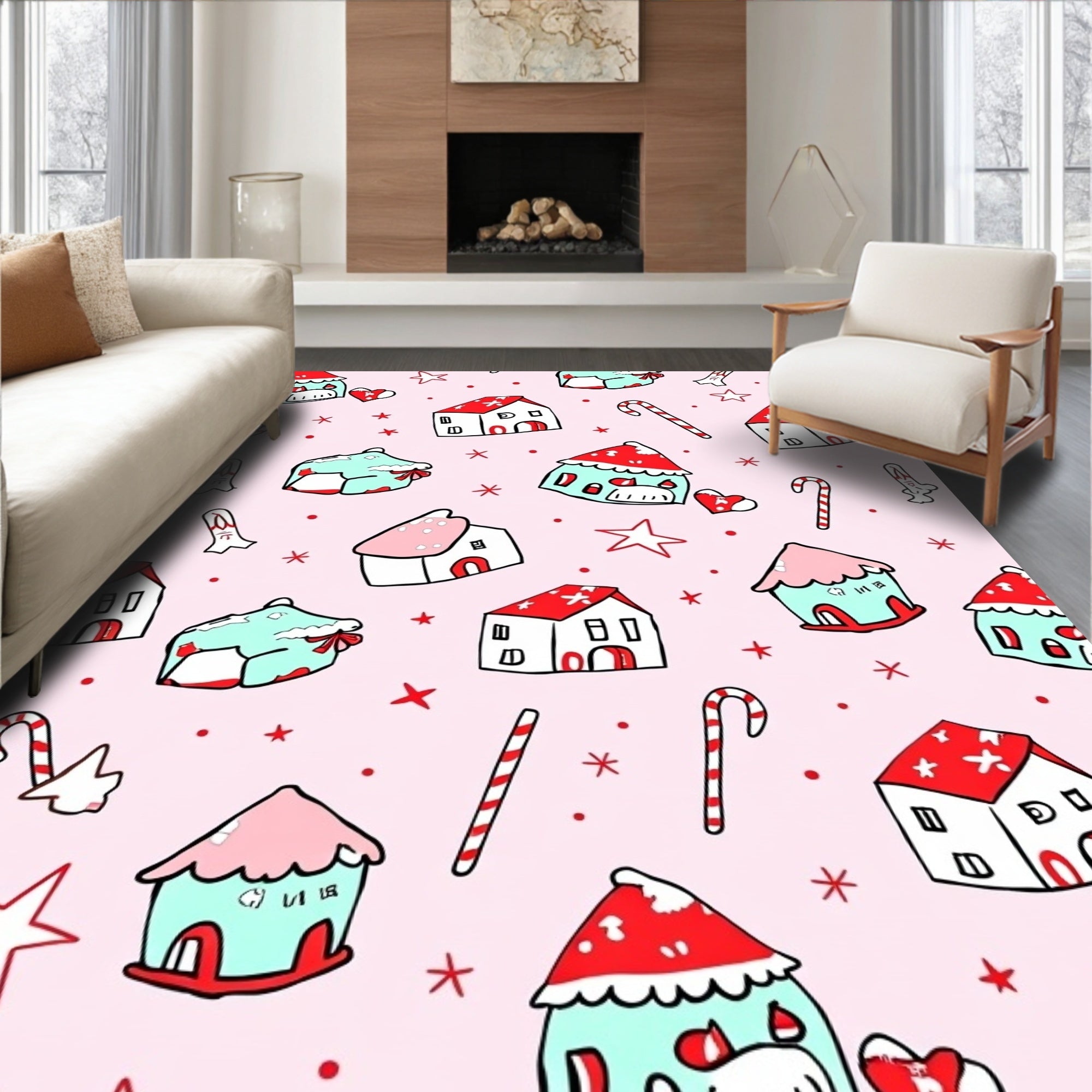 Festive Houses Candy Cane Stars Pink Rug
