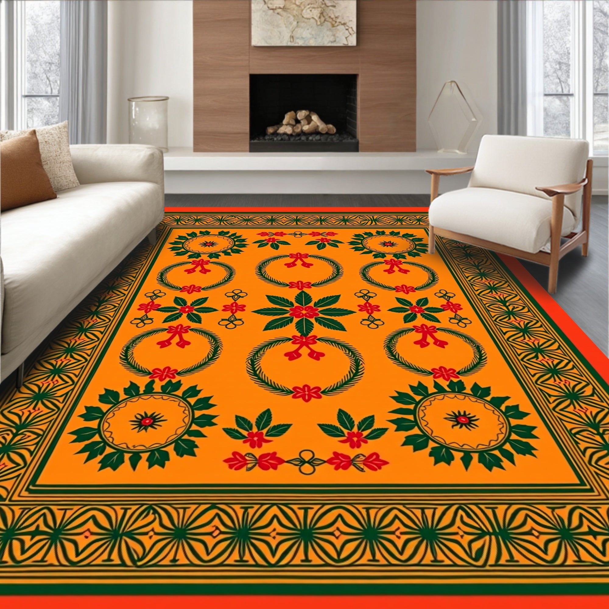 Orange Green Red Floral Wreath Medallion Rug