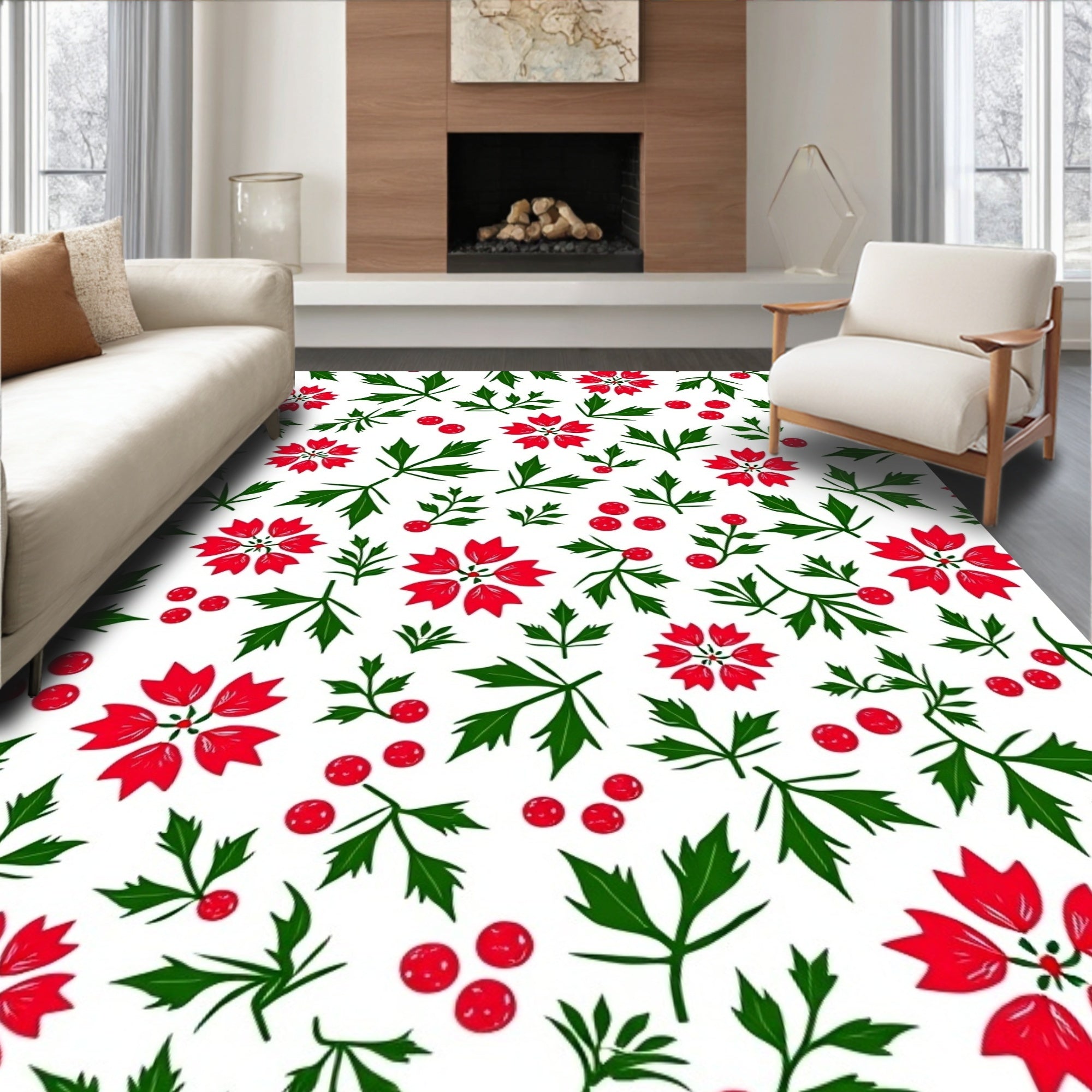 Radiant Red Floral Leaf Arrangement Rug