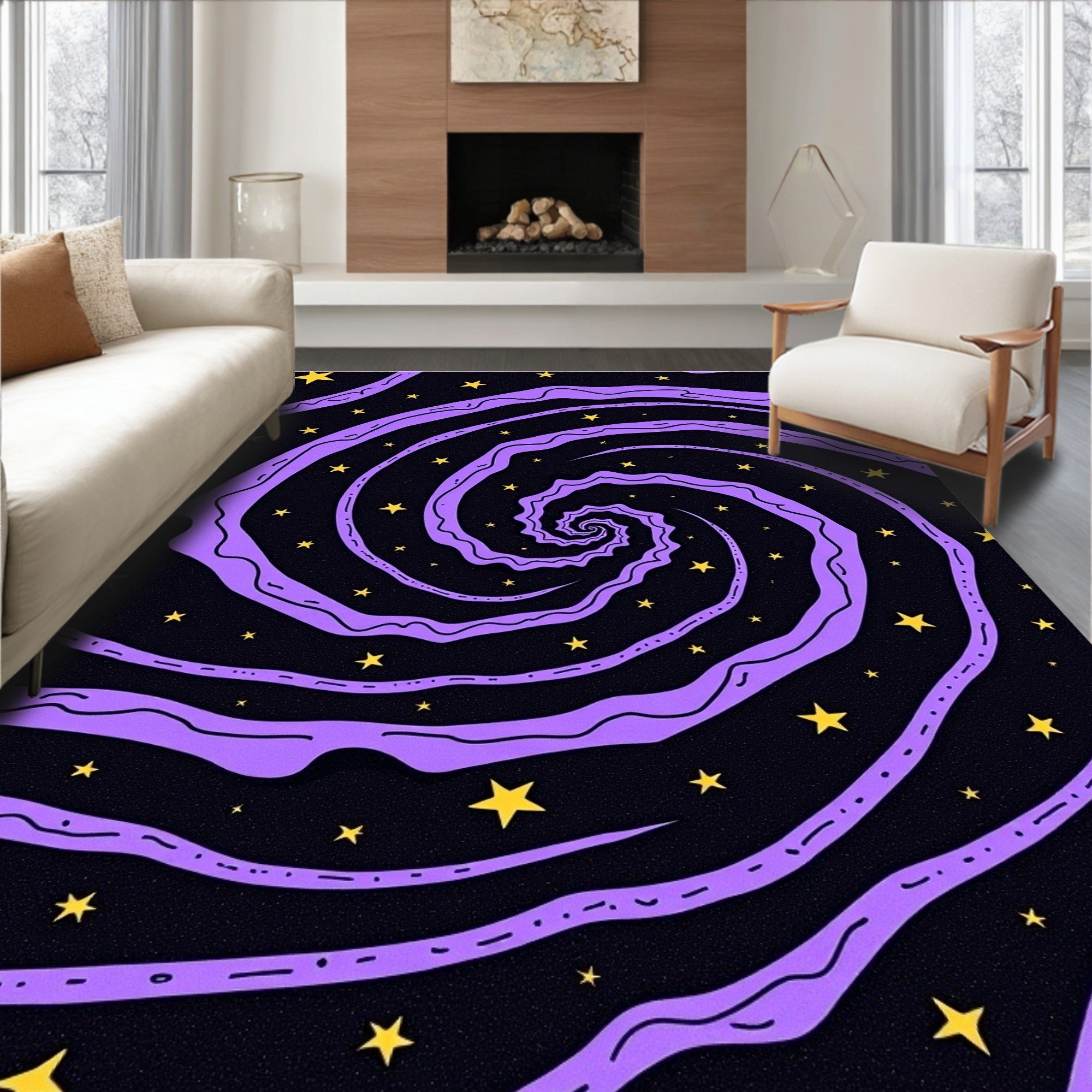 Vibrant Purple Swirl Yellow Stars Rug