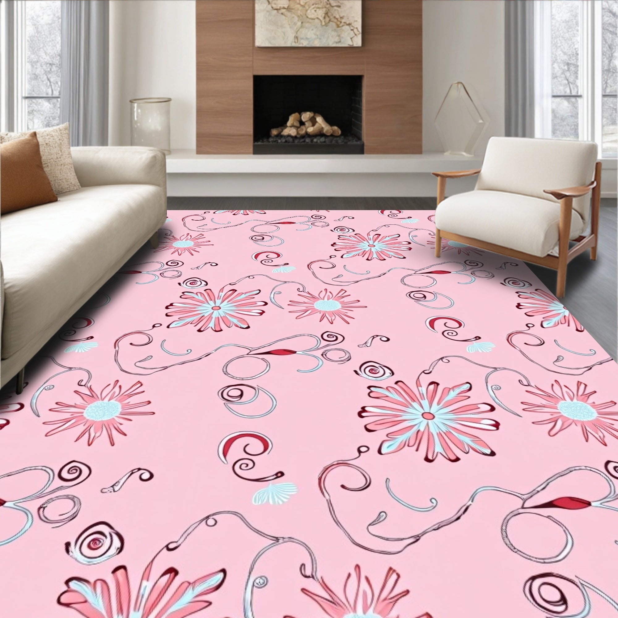 Pink Floral Swirls and Twists Rug