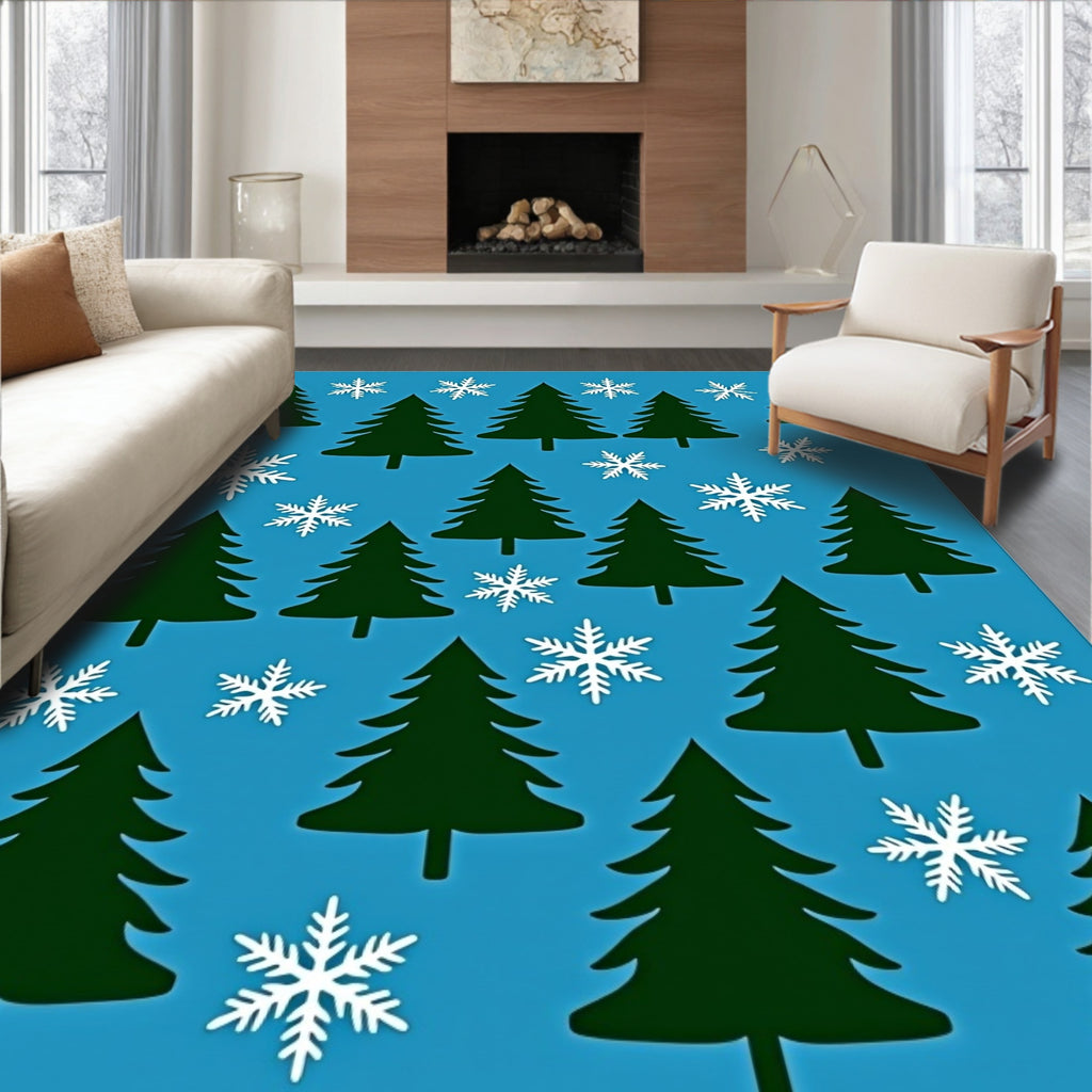 Dark Green Christmas Tree Snowflakes Rug