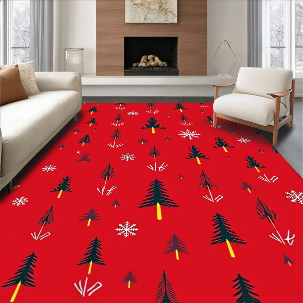 Festive Red Pine Forest Snowflakes Rug