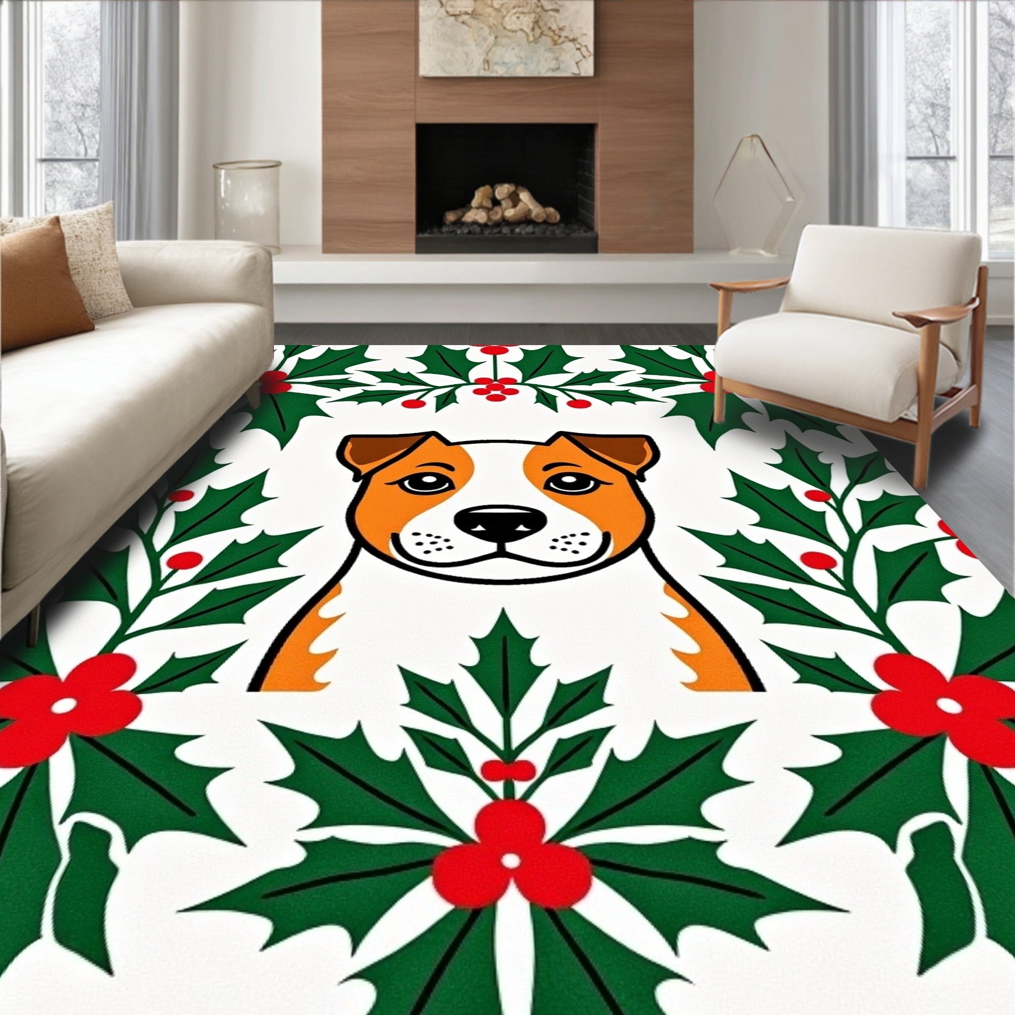 Whimsical Holly Dog Christmas Rug