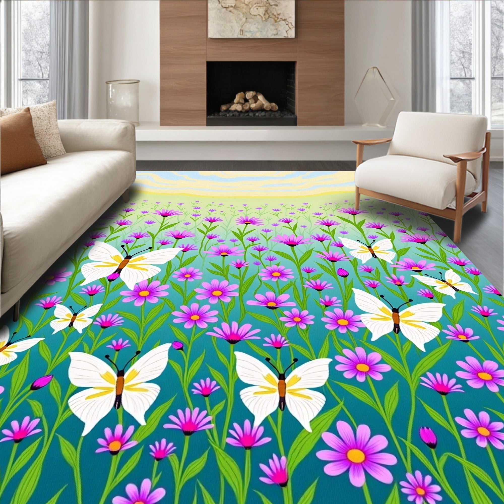 Vibrant Purple Garden White Butterfly Meadow Rug