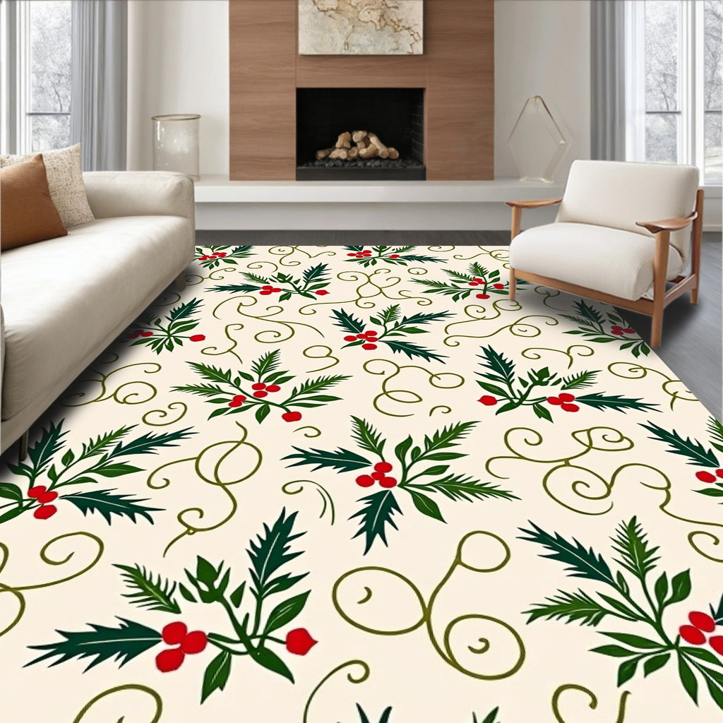 Green Holly Berry Swirl Cream Rug